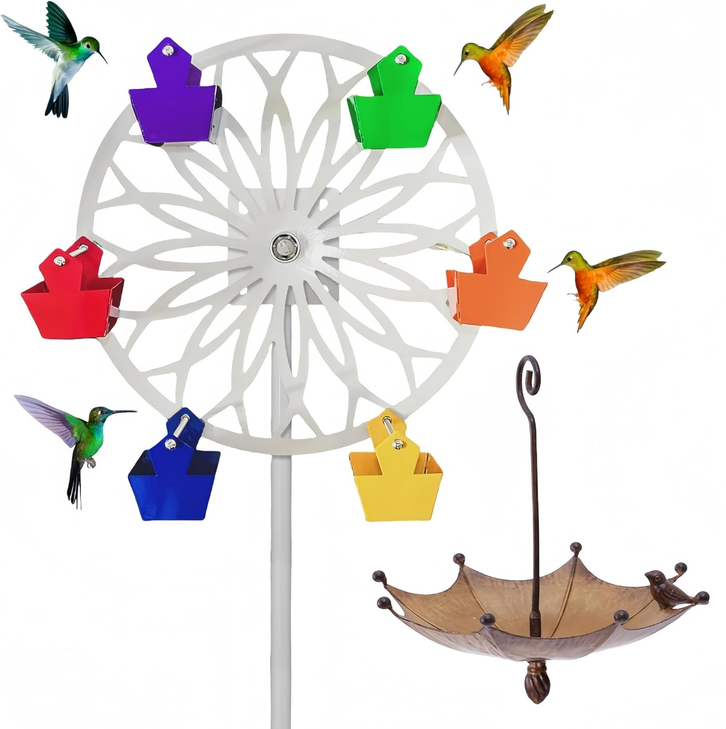 Bird Feeders for Outdoors Sets, Hanging Umbrella Bird Bath Bowl with Rotating Ferris Wheel Bird Feeder, Garden Ornaments Decoration Birdfeeder for Garden