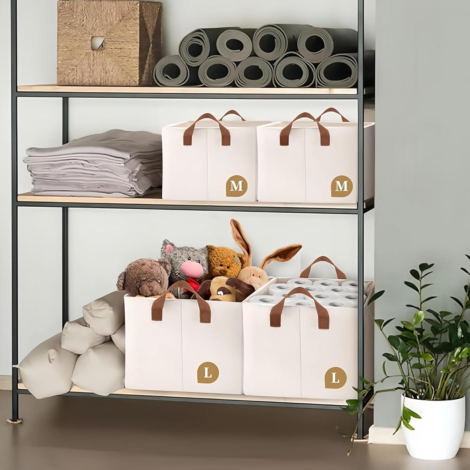 Sawjay Storage Bins for Shelves 47*28*20Cm, 3-Pack Storage Baskets for Closet, Large Linen Organizers and Storage Bins for Bedroom, Collapsible Baskets and Bins with Handles, Beige image number 2