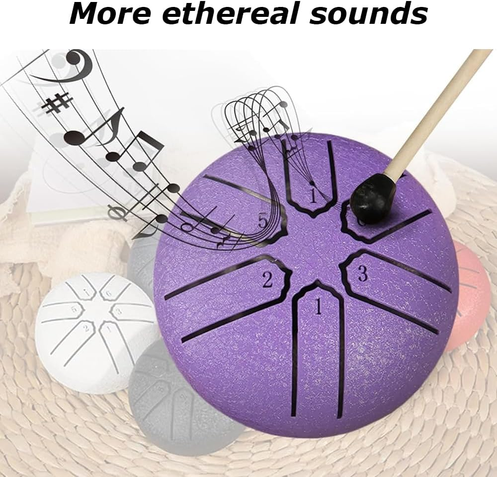 Rain Chime Drum, Steel Tongue Drum for Rain Outdoor, 3 Inches 6 Notes Sound Healing Drum Kit, Mini Hand Drum with Drumstick, Waterproof Musical Rain Drum for Garden (Purple) image number 4