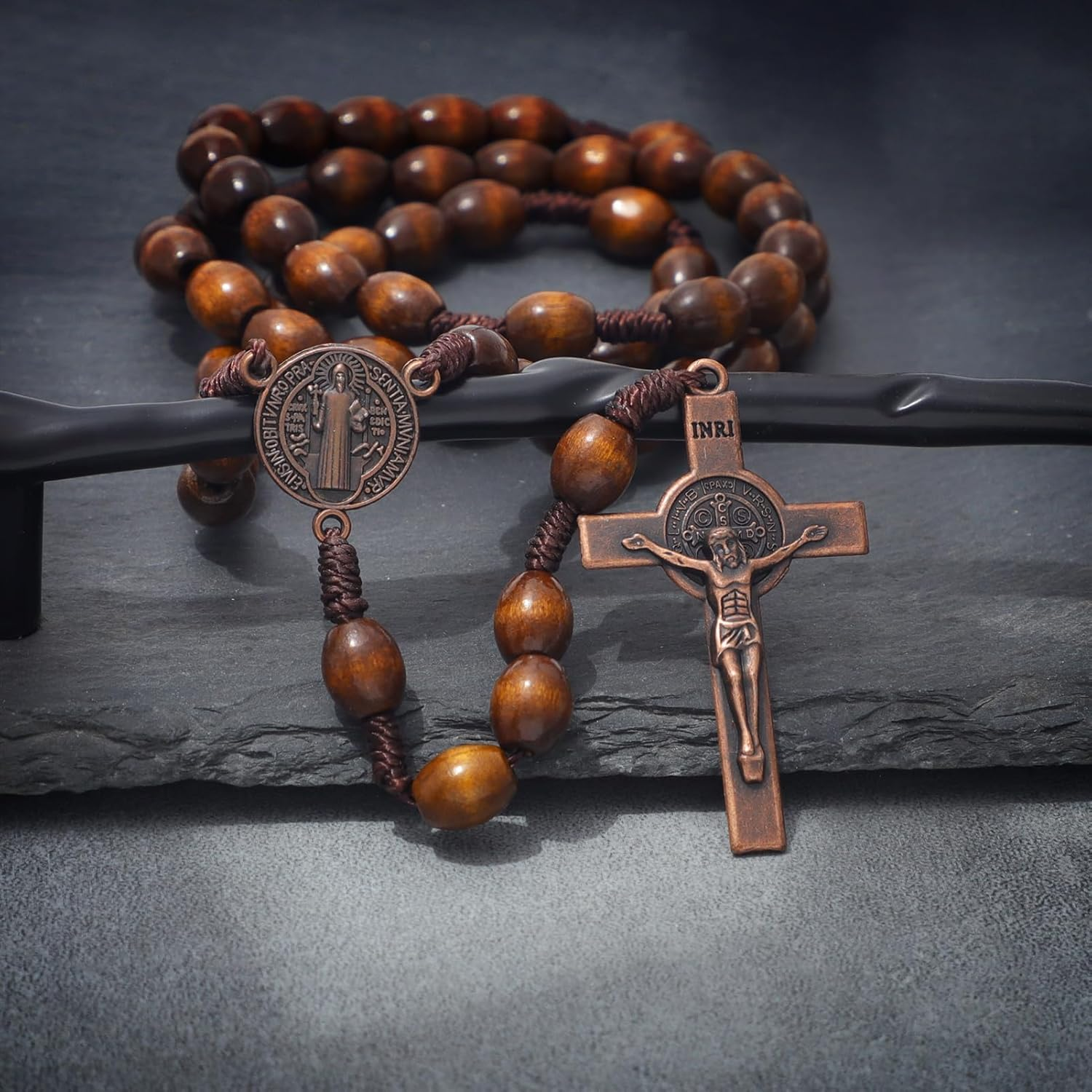 KOMI Handmade Wooden Catholic Rosaries, Rosary Beads Necklace from Bethlehem Wood Christian Prayer Holy Soil Medal & Metal Cross for Catholic or Christian Gift image number 1