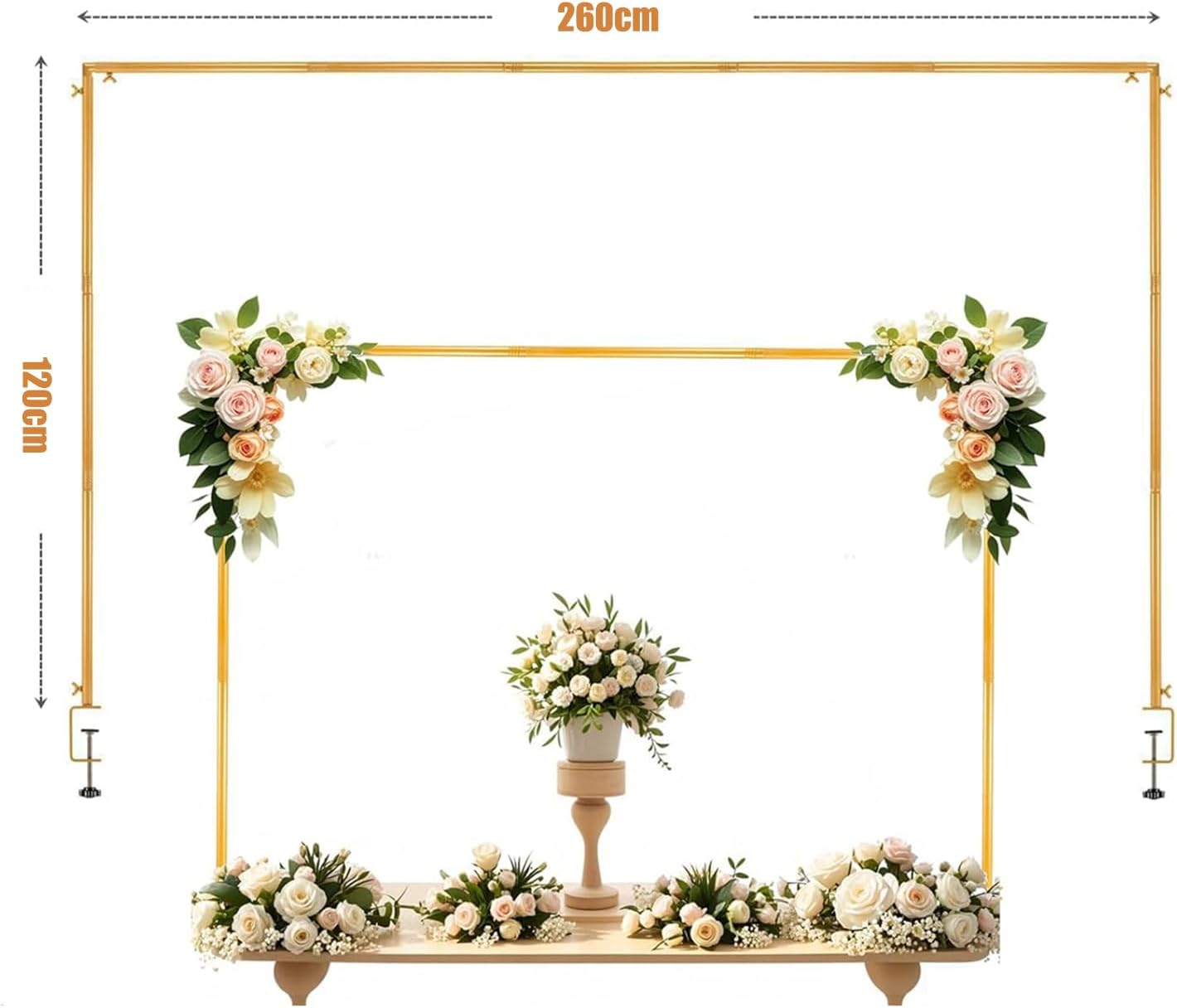 Table Rod Stand with Clamps Adjustable 40-120 Cm Tall 80Cm-260 Cm Length,Gold Metal Balloon Arch Stand,Perfect for Wedding Decor,Arch Backdrop, Parties,Wedding Arch, and Celebrations