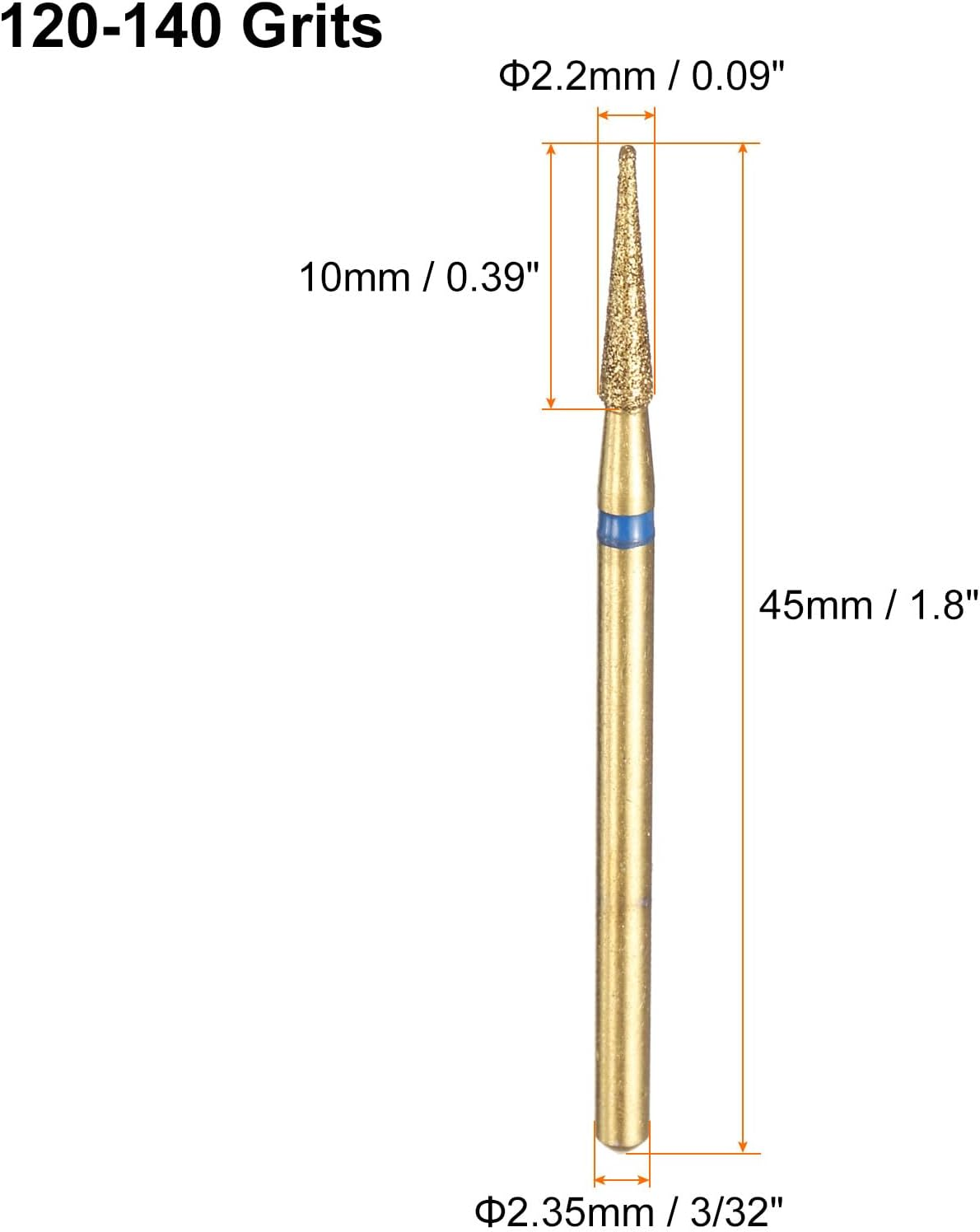 Sourcing Map 6Pcs 120-140 Grits Diamond Grinding Bit 2.2Mm Tapered Head 2.35Mm Shank 10Mm Length Titanium Plated Stone Sanding Drill Bits Rotary Tool for Nails Grinding Polishing