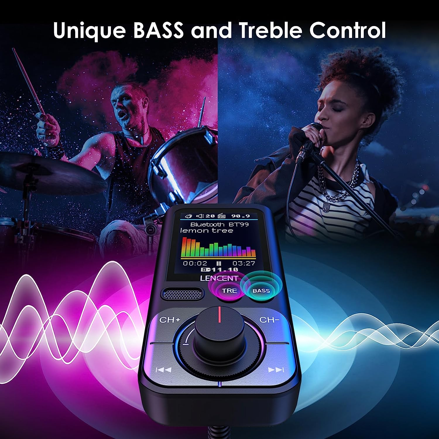 LENCENT Bluetooth 5.0 FM Transmitter with Big Color Screen, Hifi Music Treble&Bass Booster, QC3.0 Fast Charger, AUX Car Radio Adapter, Wireless Microphone Support Hands-Free Siri TF Card image number 6