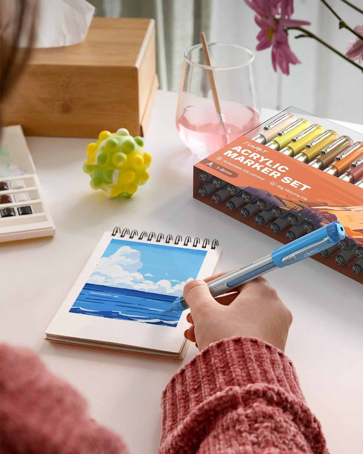 30 Colors Acrylic Paint Markers Brush Tip, Water Based Acrylic Markers with Automatic Ink Control System, Waterproof Acrylic Paint Pens for Rock Painting, Wood, Fabric, Egg - Multicolor image number 2