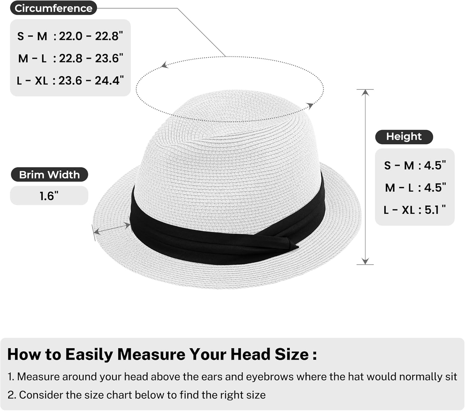Panama Hat Straw Fedora Hat for Men Women Packable Short Brim UPF 50+ UV Sun Protection Summer Beach Hat image number 2