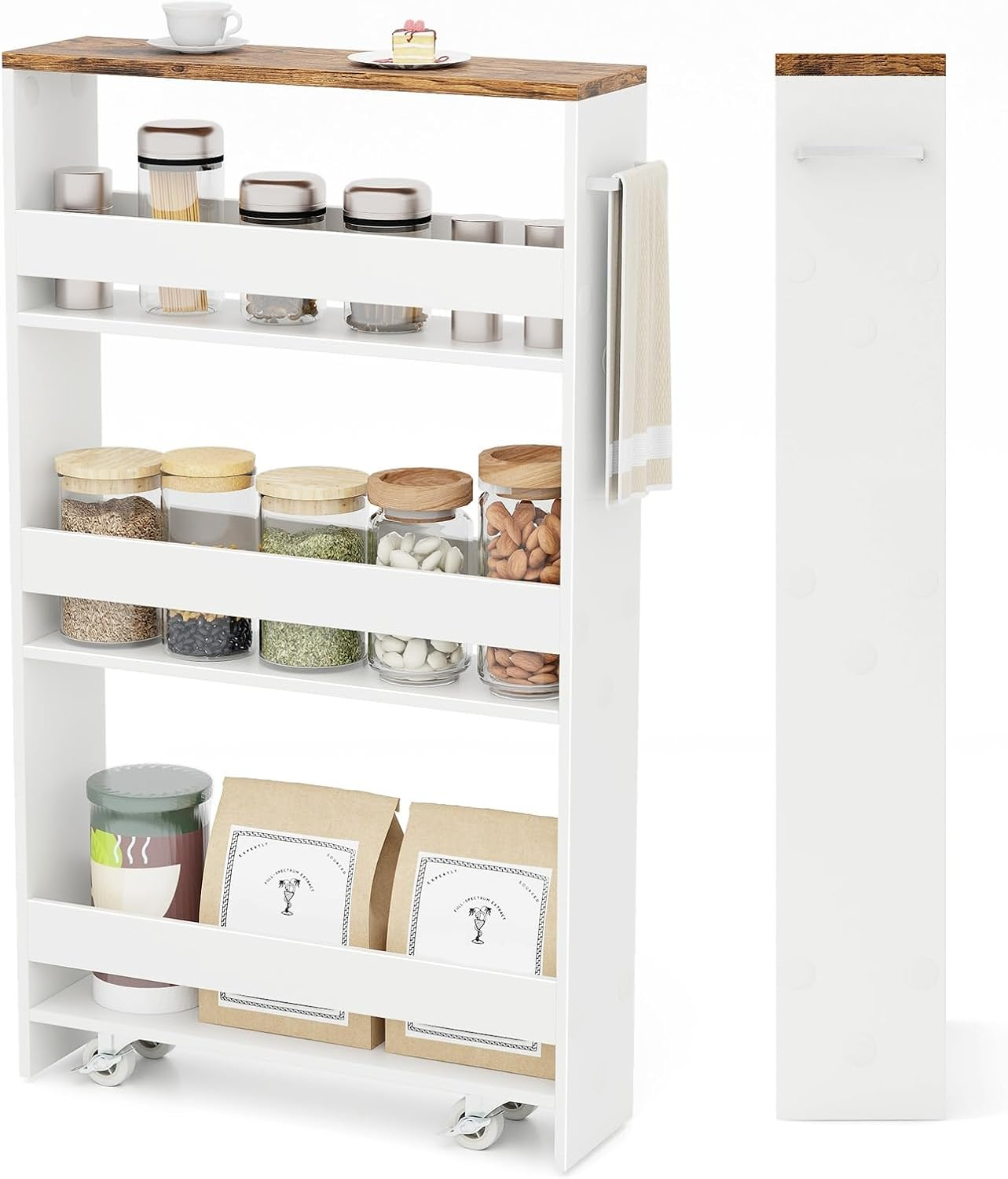 Costway Slim Storage Cart W/Handle, 4-Tier Slide Out Utility Cart, Shelving Unit Organizer Trolley for Narrow Places, Perfect for Laundry, Kitchen, Living Room (Rustic Brown+White)