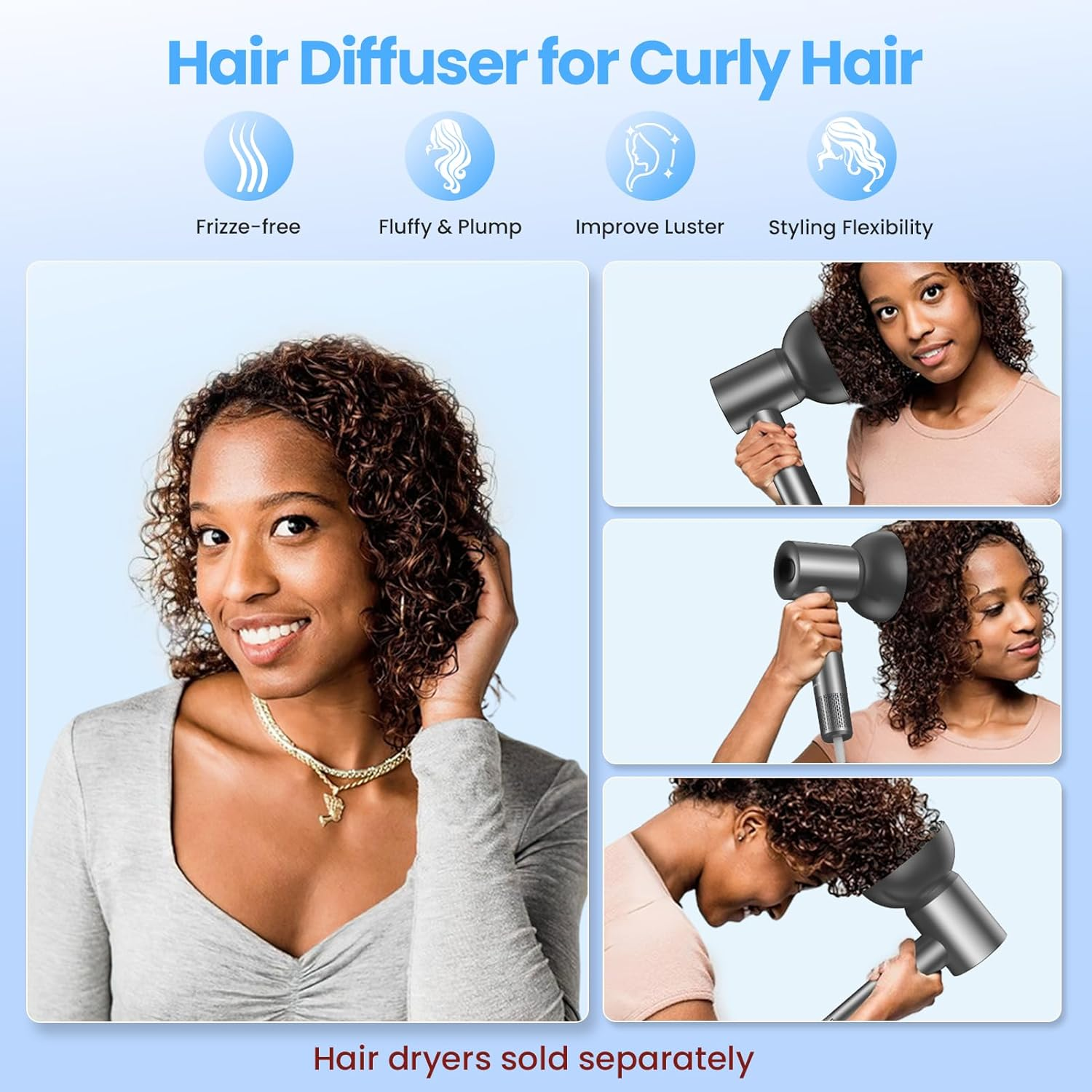 Diffuser Hair Dryer, LAMPICK Diffuser Attachment for Hair Dryer for Curly & Wavy Hair, Hair Diffuser for Curly Hair for Home Salon Gym Women Men & Pet Grooming (Grey) image number 3