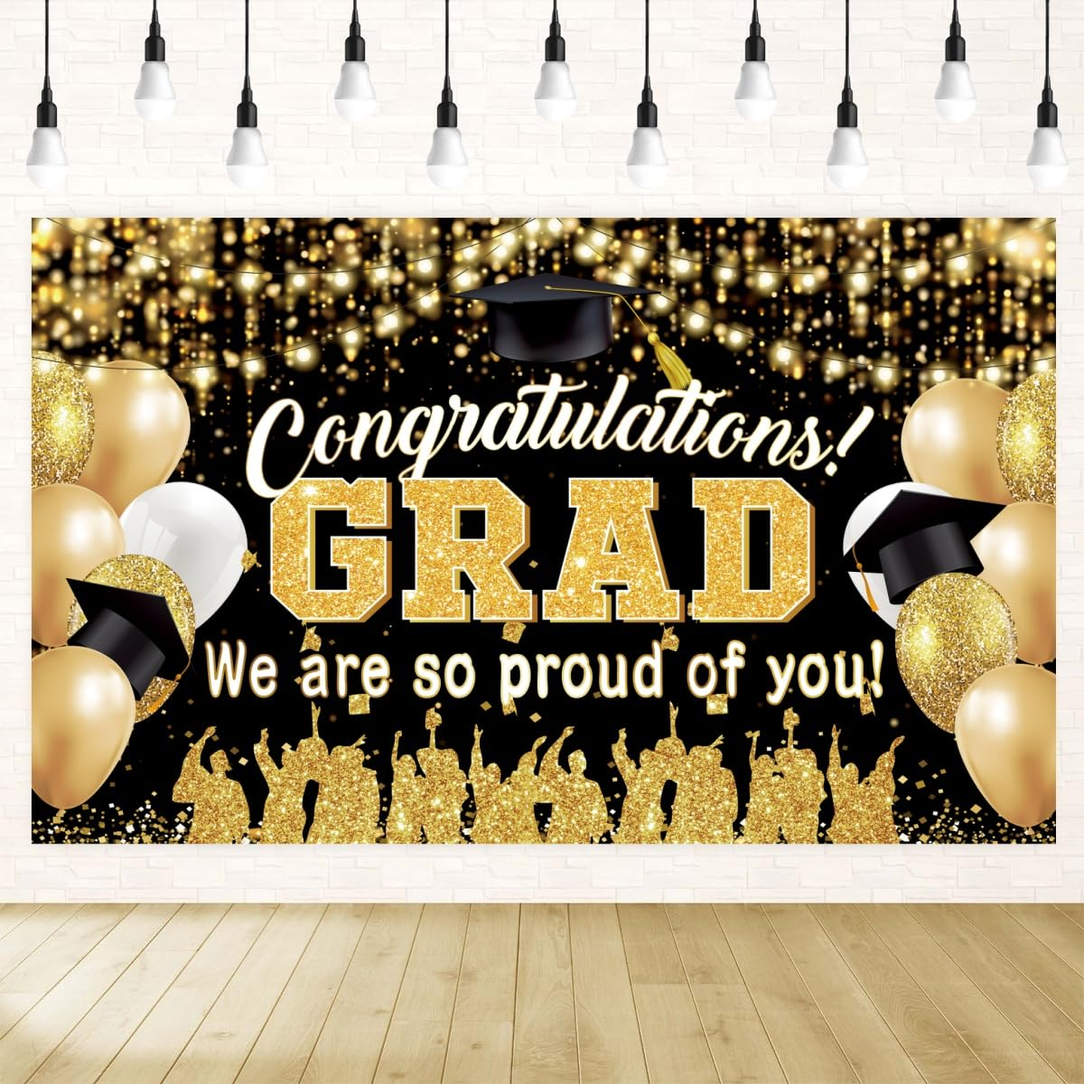 Yuanbigtai Graduation Background Banner 78" X 45" Extra Large and Black Gold Backdrop Congrats Grad We Are Proud of You Cap Diploma Party Decorations Supplies for Indoor Outdoor Photo Booth Props image number 3