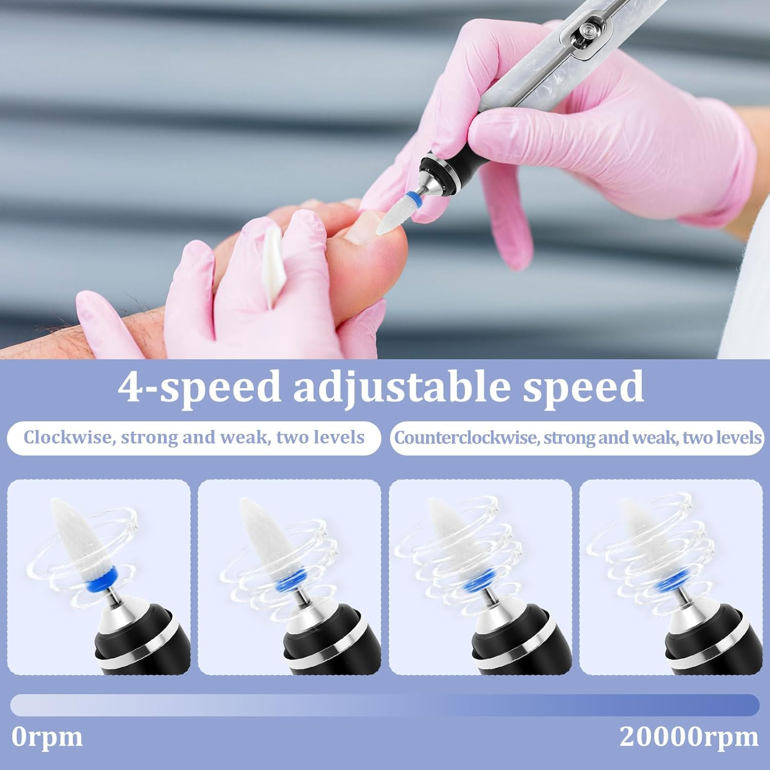 Aluminium Alloy Electric Nail File for Thick Toe Nails Rechargeable 4 Gears Low Noise Grinder for Manicure Pedicure with Bits Sanding Bands Suitable for Home Salon image number 1