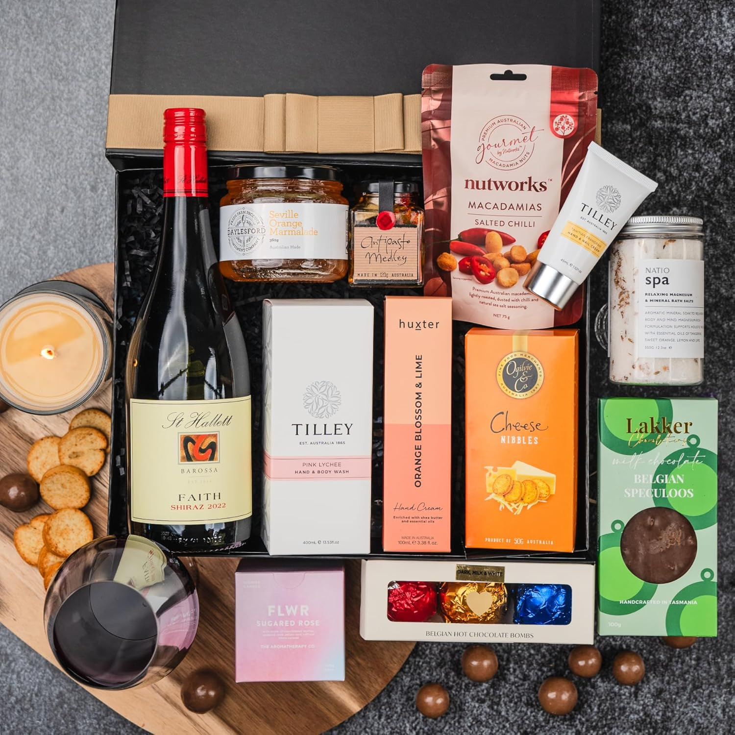 Ultimate Relaxation Gift Hamper Gift Set - Includes : Shiraz, Chocolate Bombs, Marmalade, Bath Salts, Macadamias, Antipasto, Candle, Hand Wash & Cream - Ideal for Birthday, Anniversaries, and Corporate Gifts. image number 3