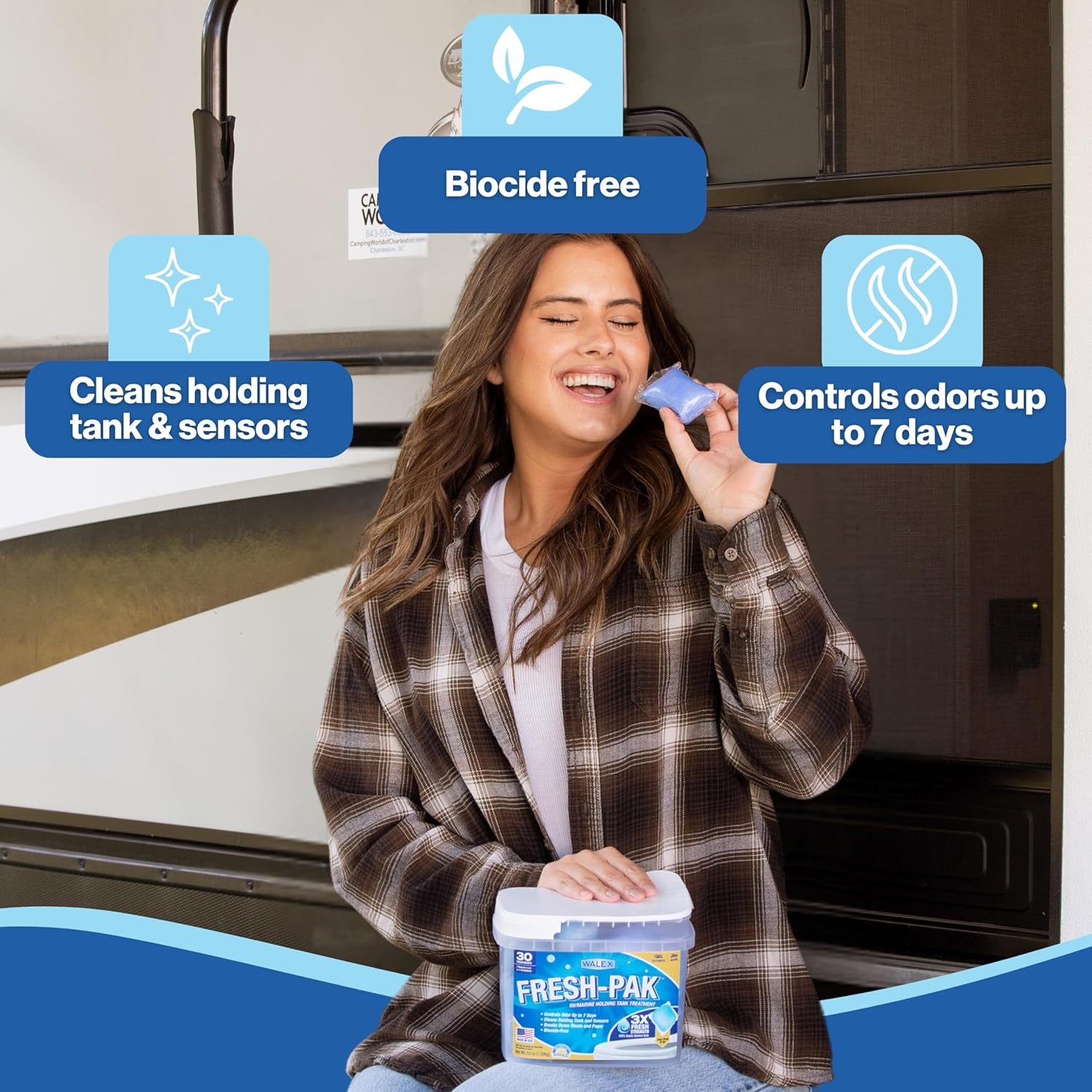 Walex Fresh-Pak Marine, Camper, & RV Black Water Holding Tank Deodorizer for Rapid Breakdown of Waste & Toilet Paper to Prevent Clogs, Neutralizes Odors, Septic Tank Safe, Fresh Scent (Pack of 30) image number 5