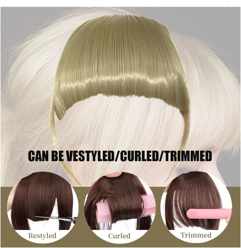 Ash Blonde Bangs Hair Clip Extension French Bang Clip in Thick Natural Full Front Neat Bangs Straight Fringe Bang with Temples One Piece Hairpiece (Ash Blonde) (Golden) image number 5