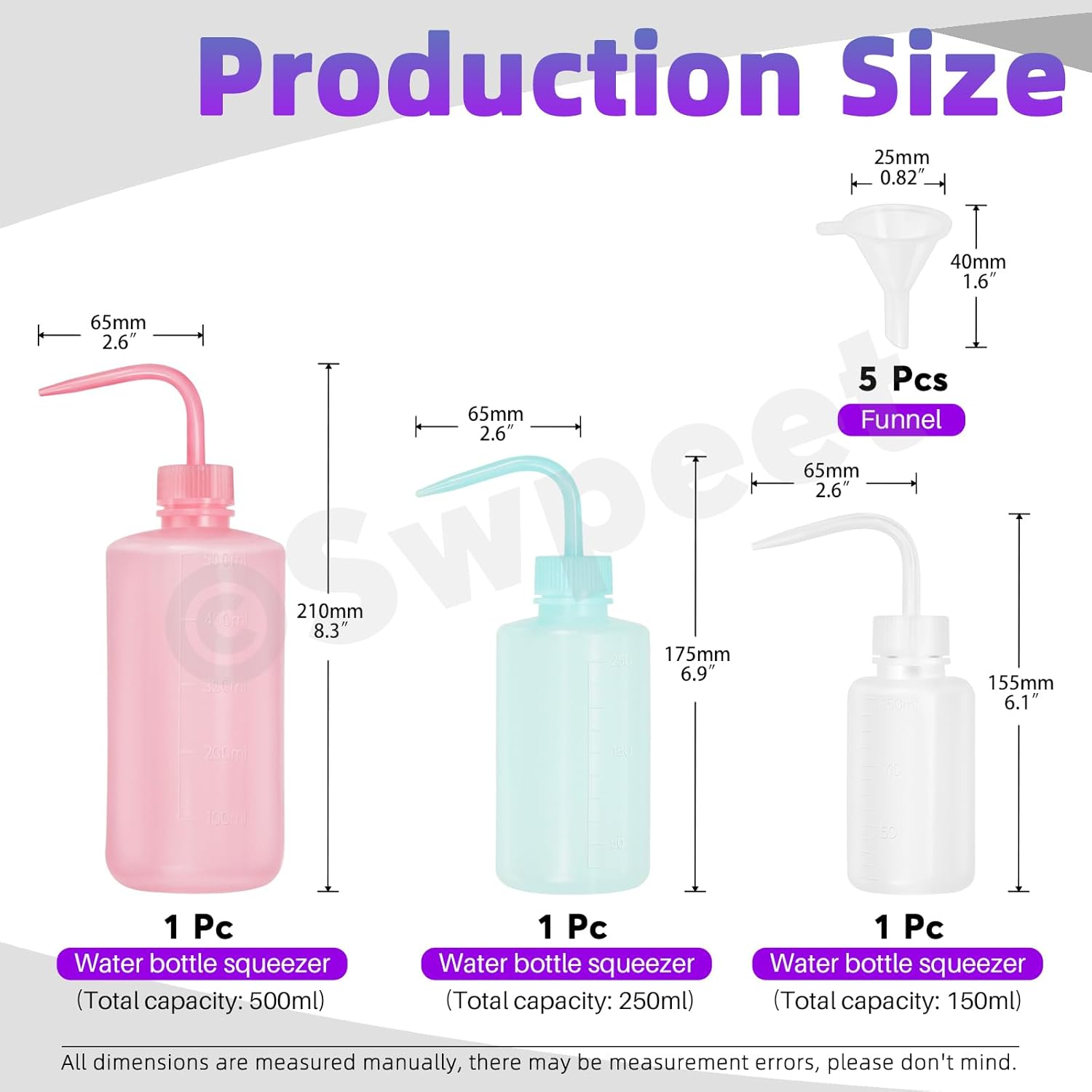 Swpeet 3Pcs 500ML/250ML/150ML Safety Bottles Watering Tools with 5Pcs Small Funnels Assortment Kit, Wash Bottles Water Squirt Bottle Succulent Watering Squeeze Bottle for Irrigation, Plant Washing image number 1