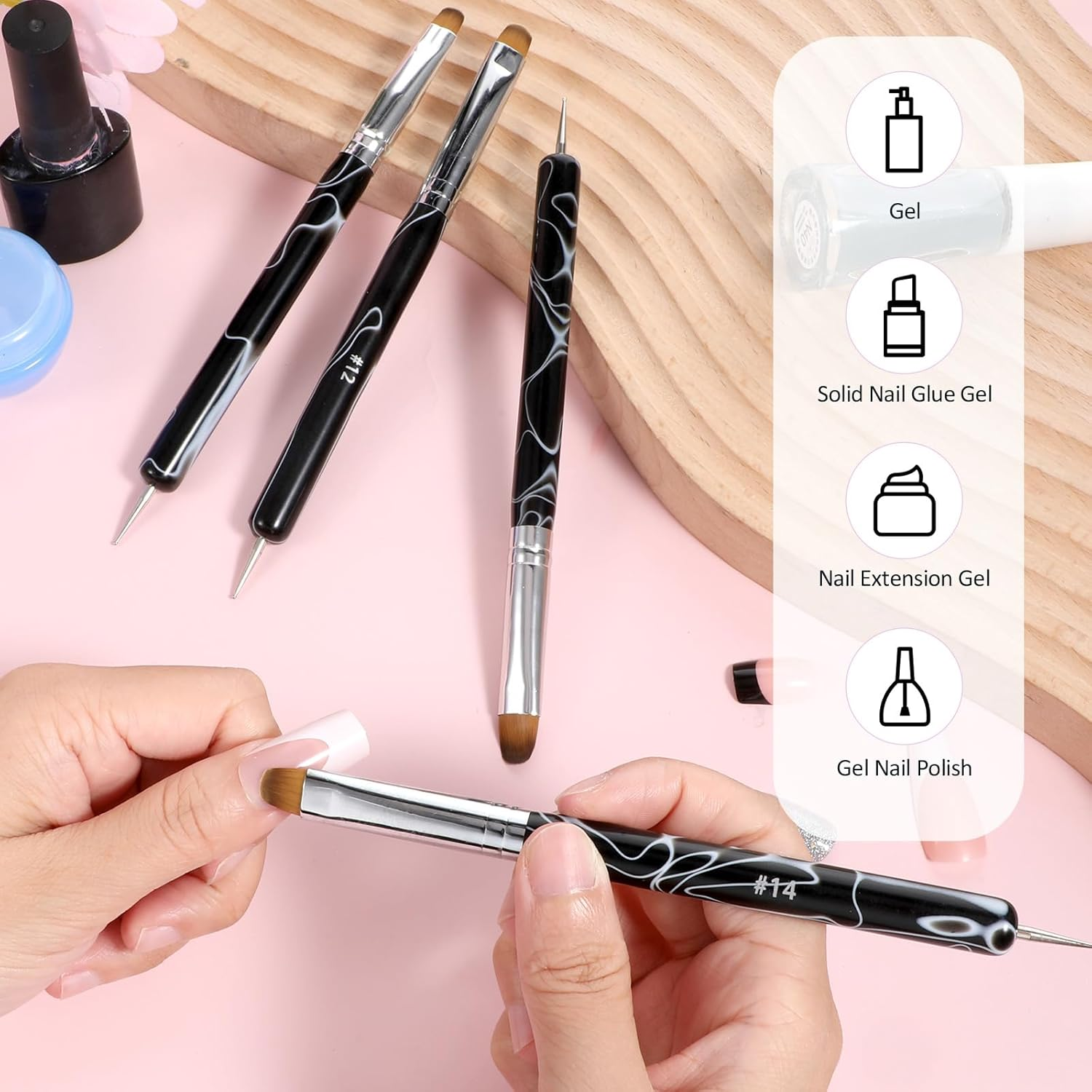 4Pcs 2 Way Nail Art Brush with Dotting French Nail Brush Set French Gel Acrylic Nail Art Brush Professional Manicure Tool for Nail Arts Detailed Design Manicure Cuticle Clean up (10#, 12#, 14#, 16#) image number 6