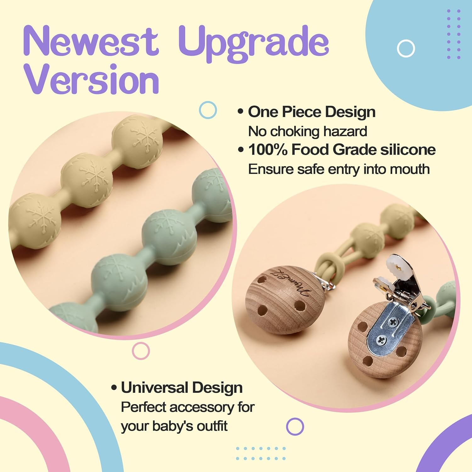 Silicone Dummy Clips - 2 Pcs Dummy Clip Boys Girls - Pacifier Clips and Dummy Holder - Soother Chains - One-Piece Design (Cream Whtite+Purple) image number 5