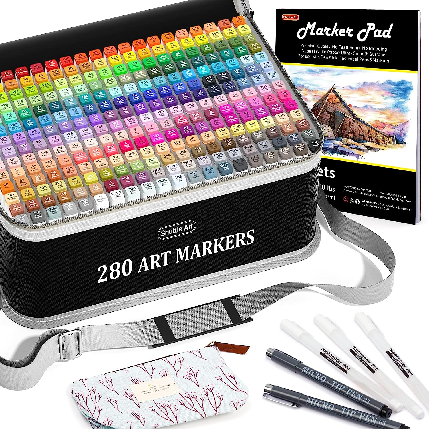 Shuttle Art 280 Colours Alcohol Based Art Markers, 279 Colours Dual Tip Art Pens plus Colourless Blender, Micro-Tip Pens, White Highlighter Pens, Marker Bag with Holders for Adult Colouring image number 2