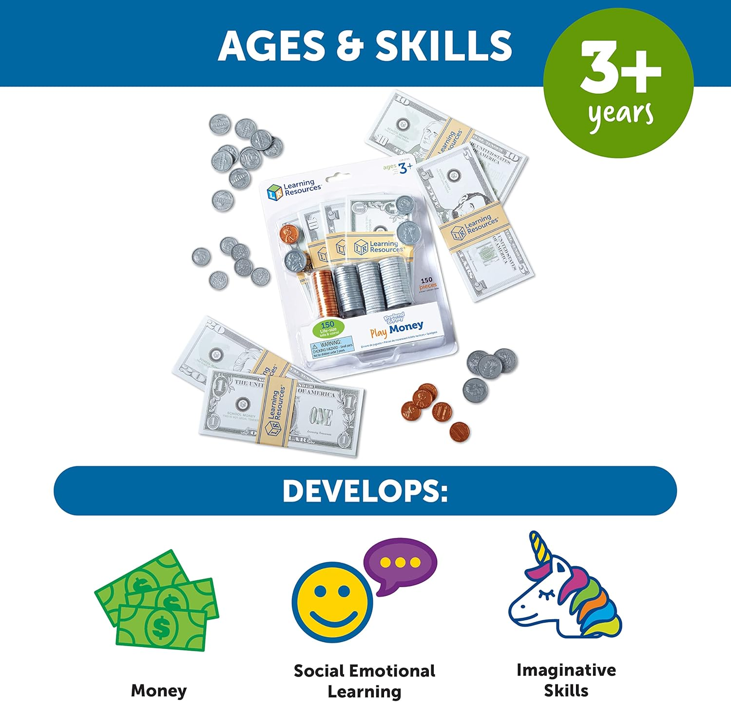 Learning Resources Pretend & Play - Play Money for Kids, Counting, Develops Early Math Skills, Currency, Coins and Bills for Kids, 150 Pieces, Ages 3+ Multicolor LER2725 image number 1