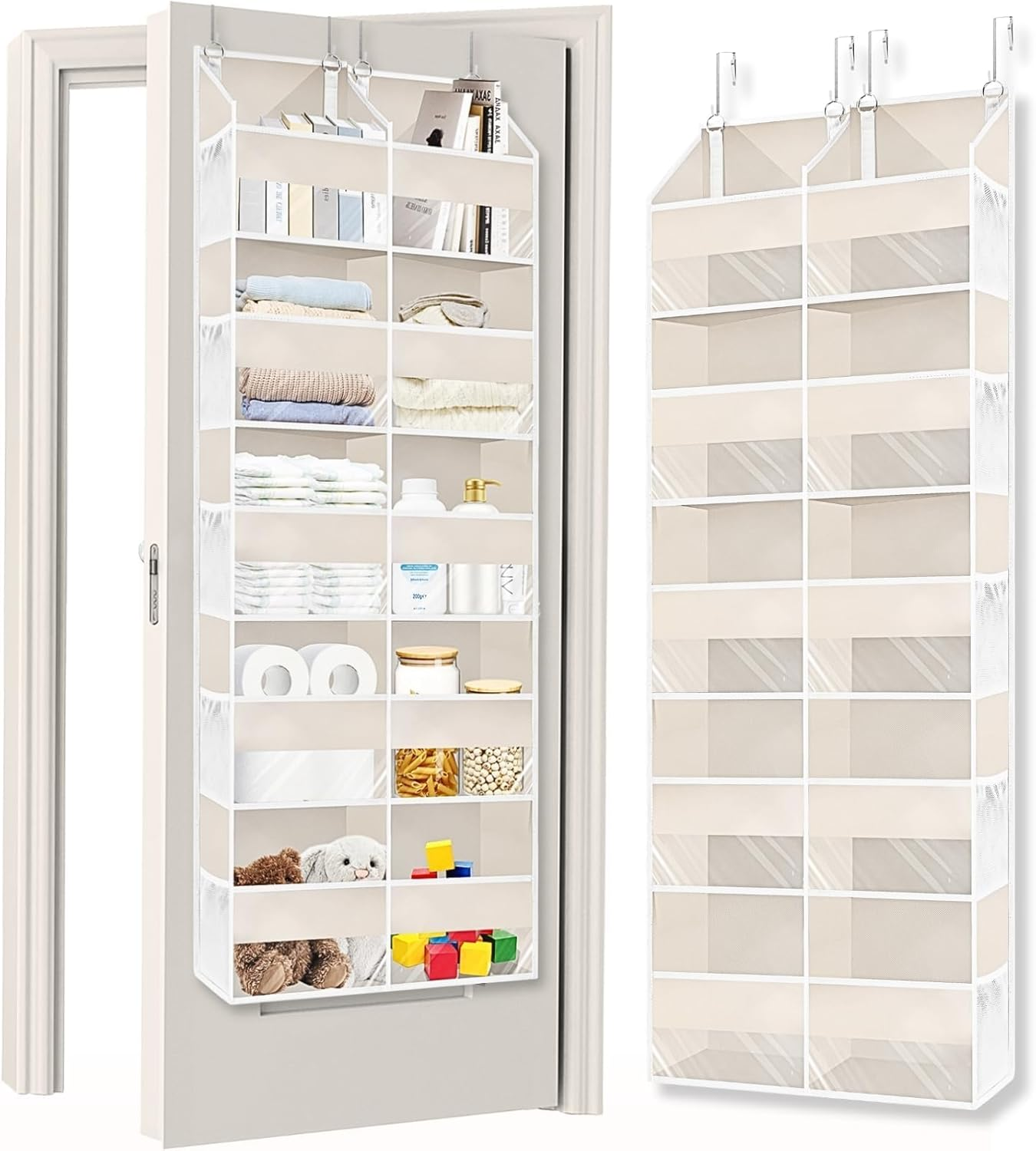 Over the Door Organizer, 5-Tier Extra Large behind Door Storage with 10 Big Front & 10 Mesh Pockets, 80Lb Capacity, Hanging Storage Organizer with Clear Window Kids Toys, Shoes, Diapers, Light Grey