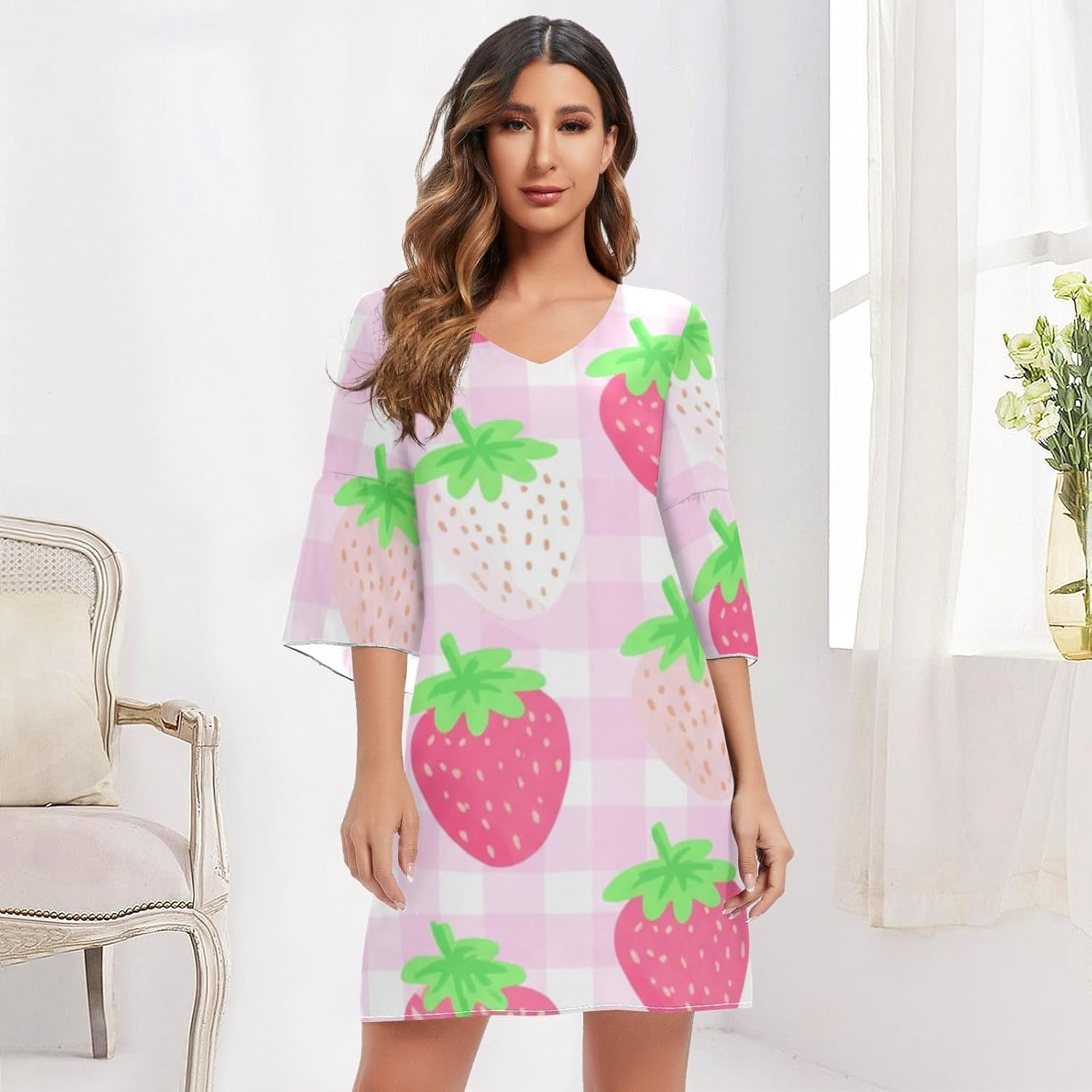 Cute Strawberries Pink V Line Dress 3/4 Sleeve Maternity Dress Party S-XXL