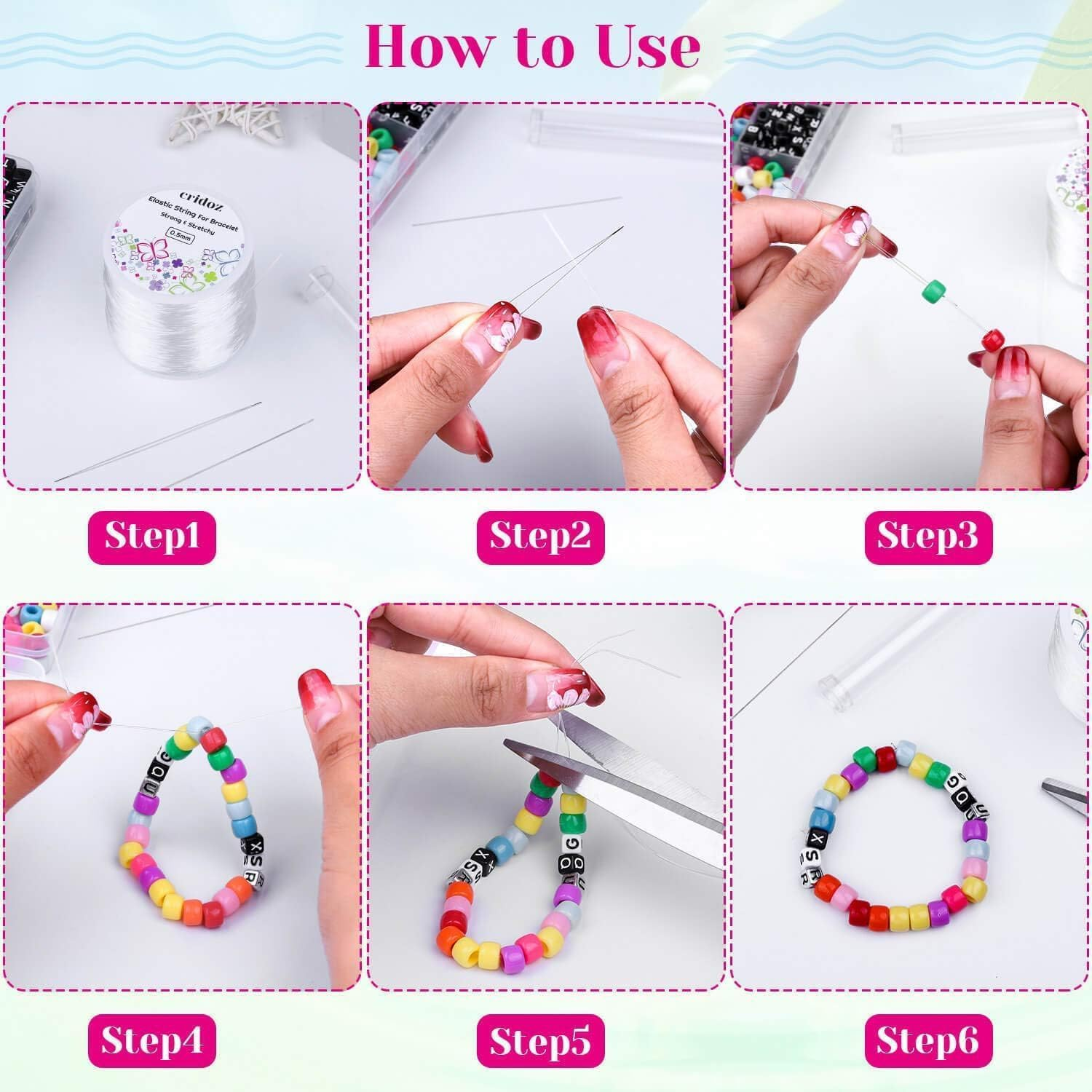 Stretchy String for Bracelets,2 Rolls of 160M,1.0Mm Clear Elastic String Stretch Cord Jewelry Bead Bracelet String with 2 Pcs Beading Needles for Seed Beads,Pony Beads,Bracelets and Jewelry Making image number 3