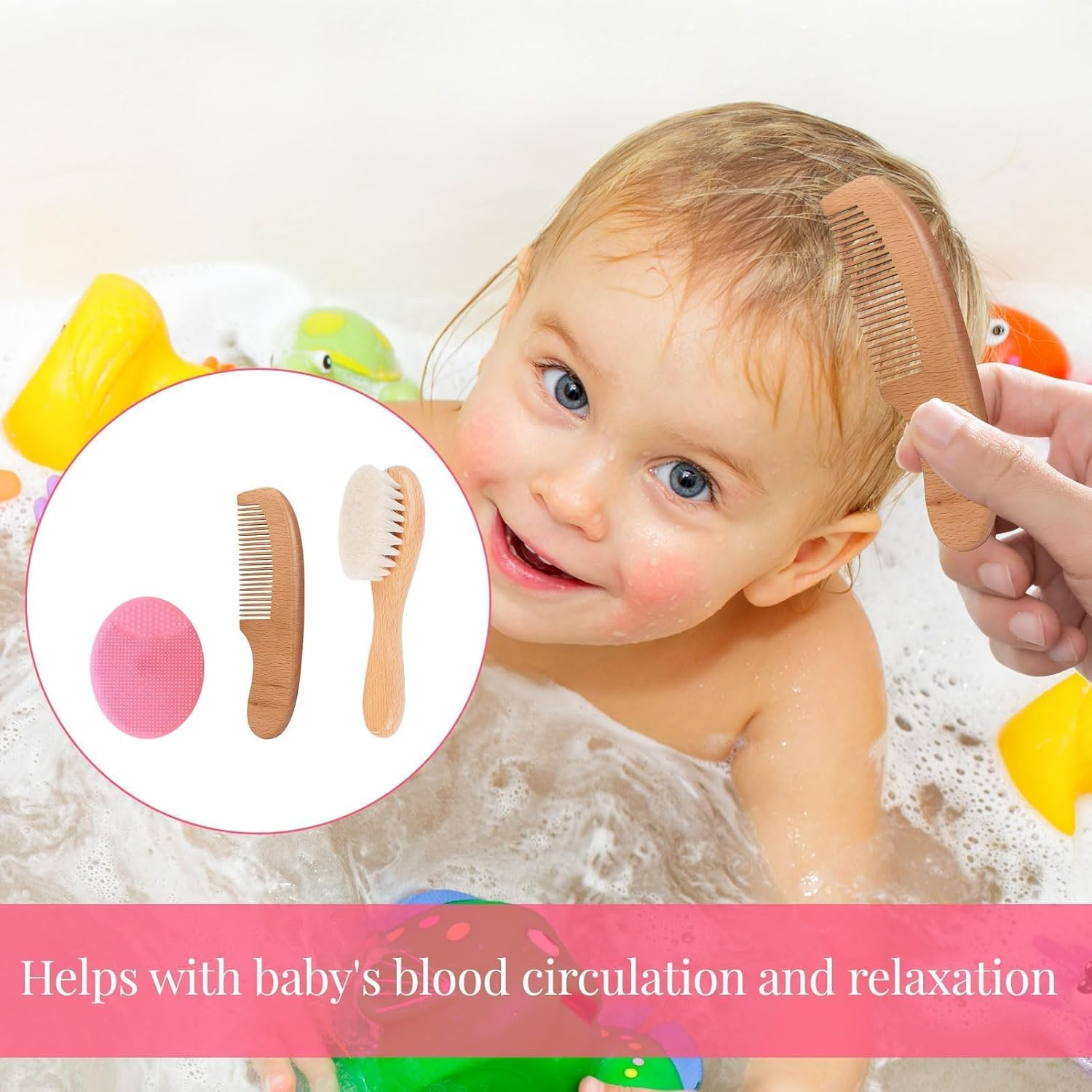 Baby Hair Brush, 3Pcs Baby Brush for Newborns, Cradle Cap Brush, Baby Hair Comb Set, Goat Bristles Comb, Silicone round Teeth Cradle Cap Brushs, for Newborns and Toddlers Hair Massage image number 5