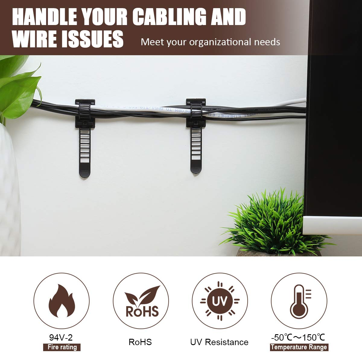 Adhesive Cable Management Clips, 100Pcs Adjustable Nylon Cable Strap Ties Wire Clips Clamps Organizer with Strong Adhesive Tape, Extra Screw & Hole for Strong Fixation Home Office - 3.35 Inch Black image number 5