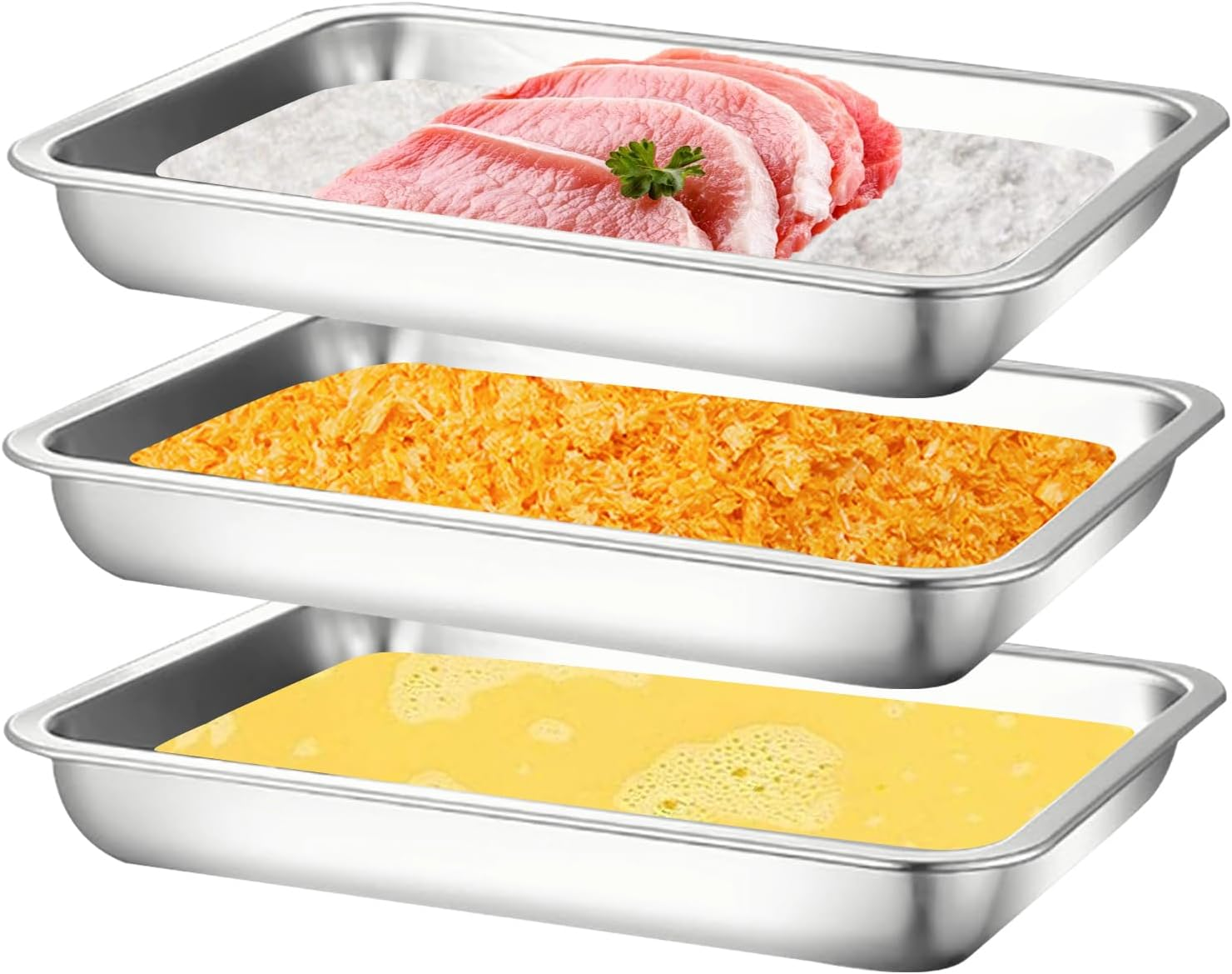 3Pcs Stainless Steel Breading Trays Set, Breading Dishes for Chicken Breasts, Marinating Meat and Prepping Meals (10.4"" X 7.7"" X 1.9""), Silver, BXGTP-20231224