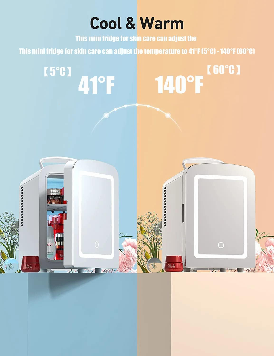 Portable Makeup Fridge for Skincare,Mini Fridge with Dimmable LED Mirror, Easy-Take Skincare Fridge, for Refrigerating Makeup, Skincare and Food, Mini Fridge for Bedroom, Office and Car, White image number 1