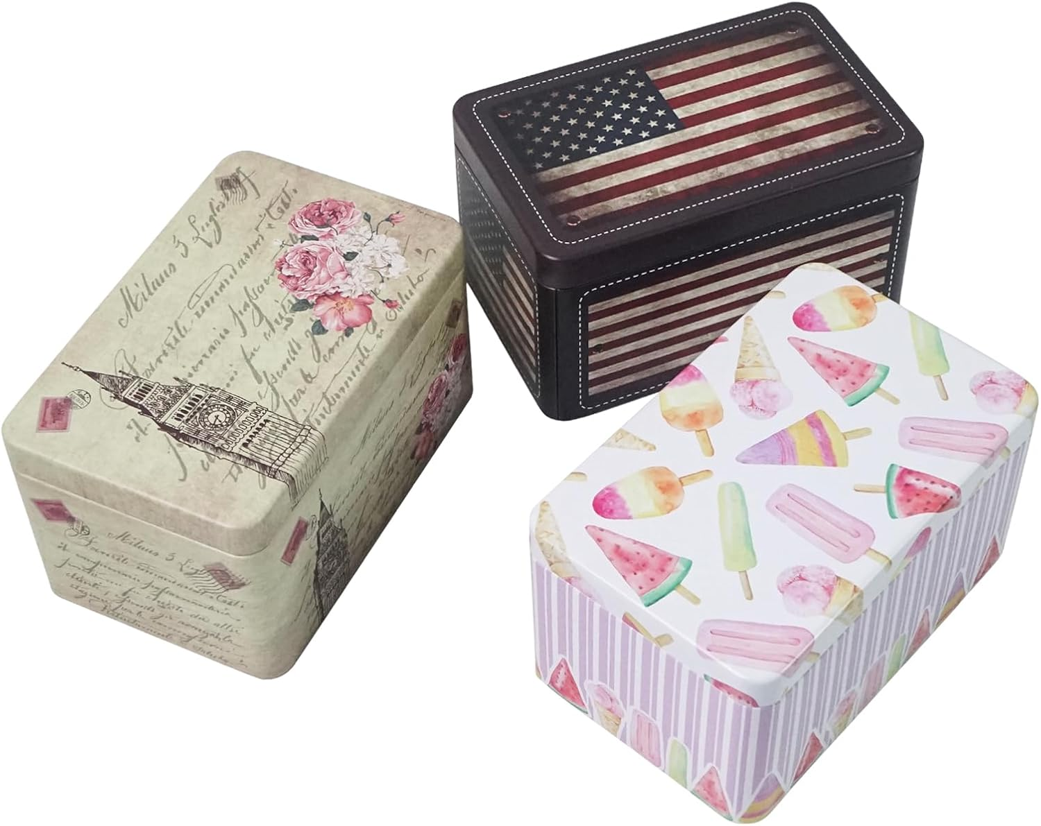 Dreamseden 3-Pack Small Storage Tin Box - Vintage US Flag, Green Sketching, Pink Popsicles Metal Box Set - Decorative Mini Containers for Candy, Jewelry, Keepsakes - Home Decoration Gift Collection image number 6