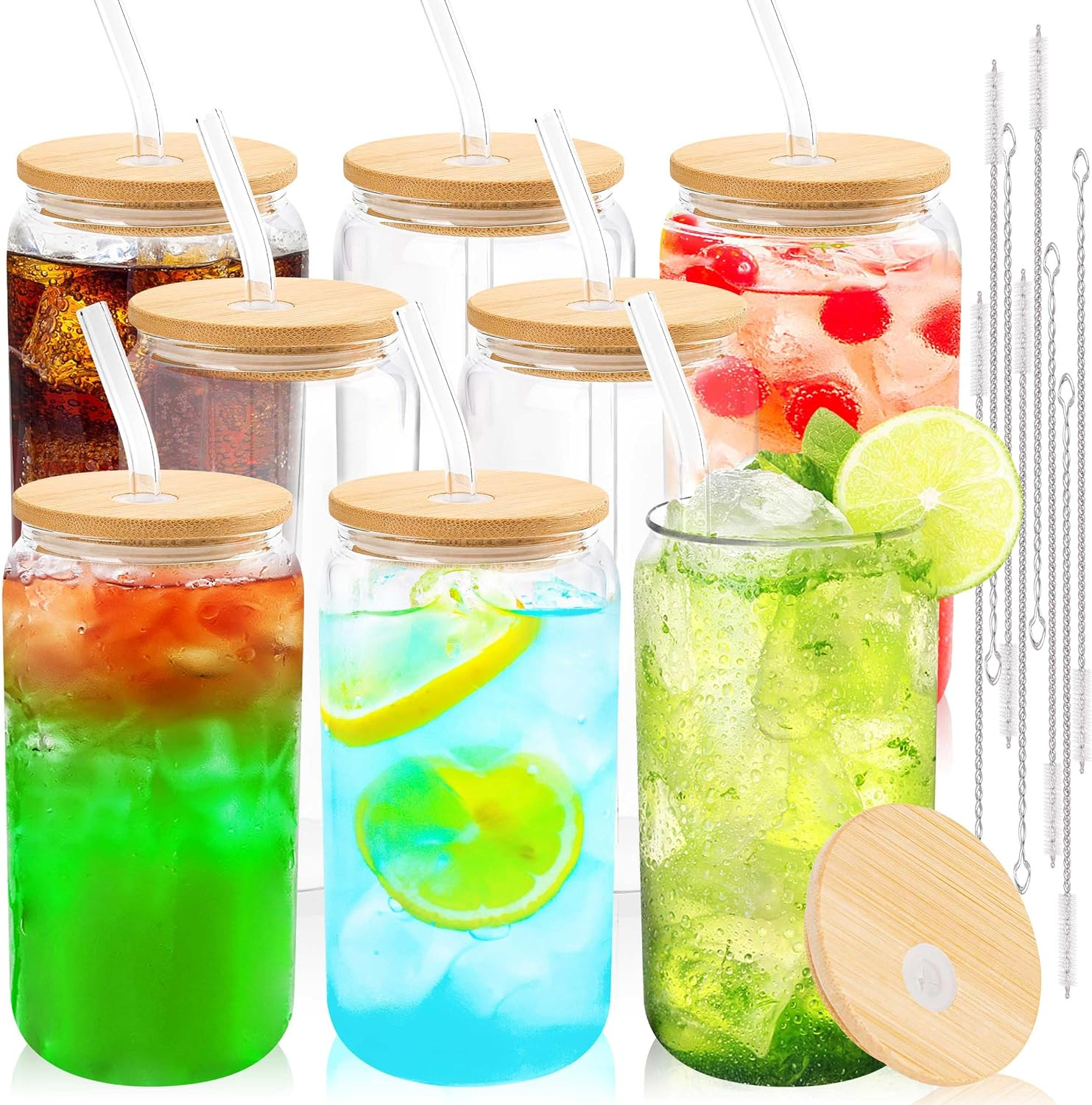 Joyclub Glass Cups with Bamboo Lids and Straws 2 Set 16 Oz Reusable Iced Coffee Cup Beer Can Drinking Jars for Smoothie Whiskey Boba Soda Tea Gift image number 4