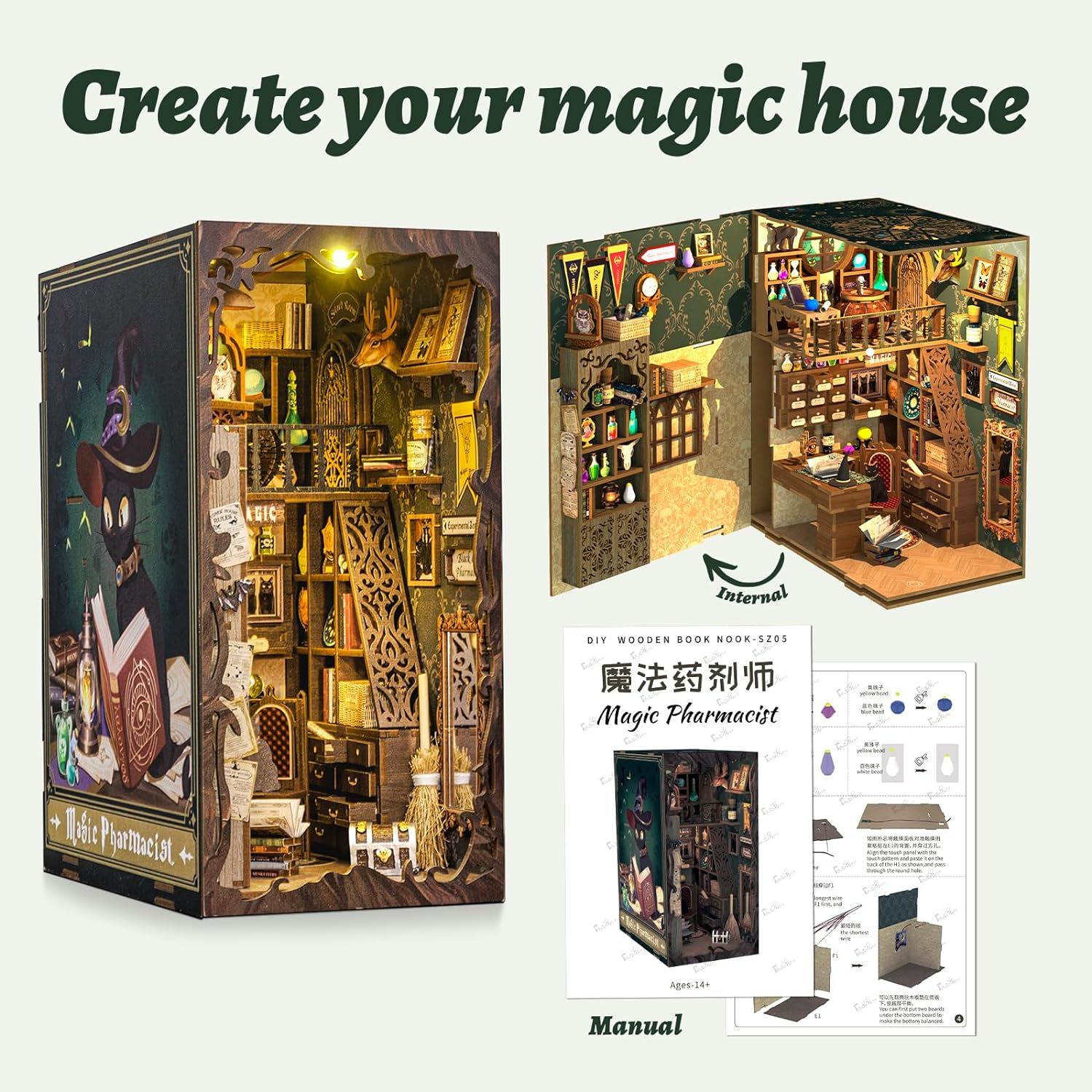 CUTEBEE DIY Book Nook, Miniature Dollhouse Kit 3D Wooden Puzzle Booknook Bookshelf Insert Decor DIY Bookends Model Build-Creativity Kit Book Nook Kits for Adults (Magic Pharmacist) image number 2