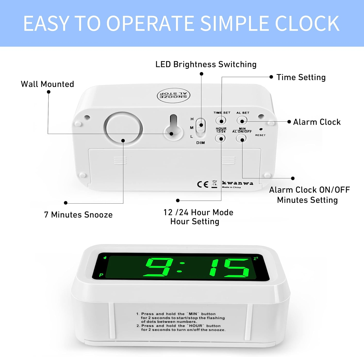 KWANWA LED Clock, Alarm Clock for Kids, 1.2Inch Green LED Digital Clock, Adjustable LED Brightness, 12Hr/24Hr, Cordless, Desk Clock, Bedroom Clock, Bathroom Clock, Table Clock, Ideal for Gifts - Black Case-Blue Led image number 6
