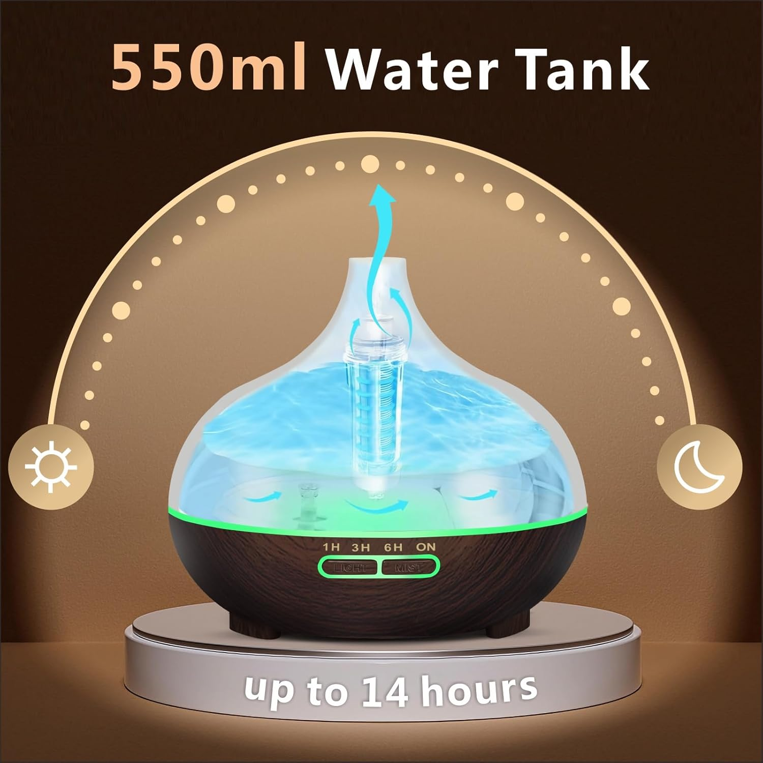 Essential Oil Diffuser, Sunfuny 550Ml Aromatherapy Diffuser Air Humidifier with Remote Control, Aroma Oil Vaporiser, Ultrasonic Fragrance Defuser with RGB LED Light, Xmas Gift (Hollow Dark Wood Grain) image number 6