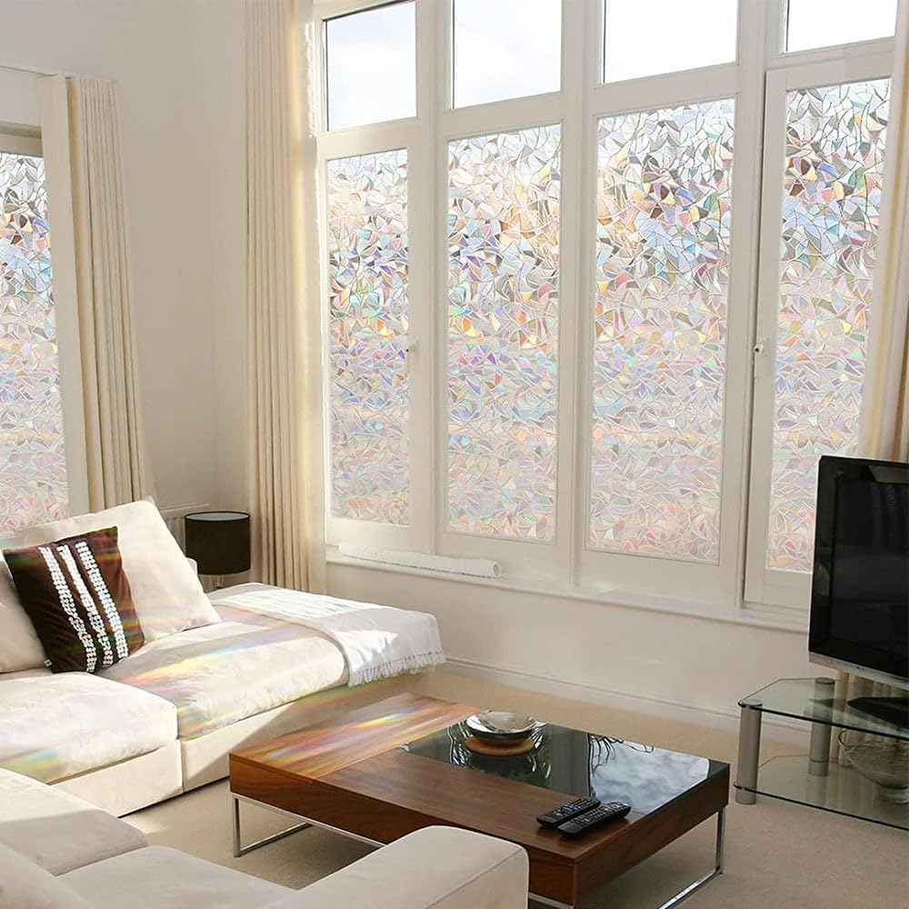JZS Window Film of Privacy, Stained Glass Window Film, Rainbow Decorative Window Cling, Sun Blocking Static Cling Window Stickers, Room Home Decor Window Cover, Non-Adhesive,45 X 200Cm,Scale Style image number 1
