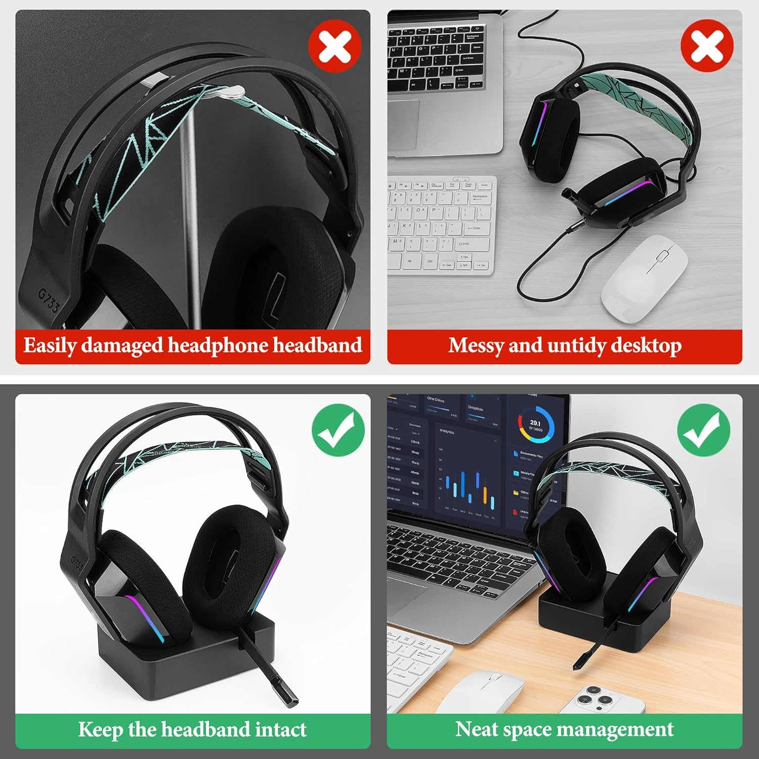 Geekria Headphones Charging Stand for Logitech G733 Lightspeed Wireless Gaming Headset, 3D Printed Resin Magnetic Dock, Gaming Headset Base (Black) image number 4