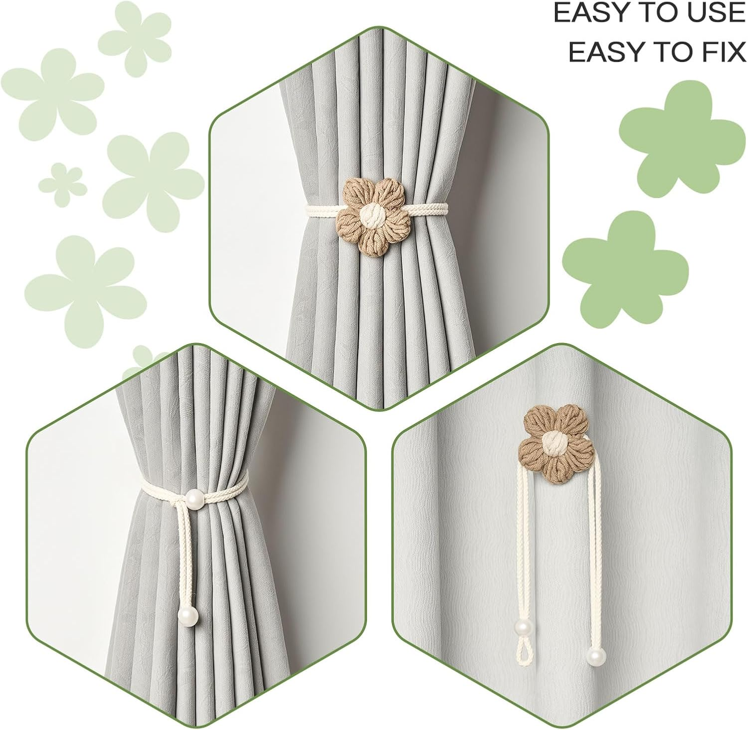 Pretty Jolly 4 Pack Cute Hand-Woven Flower Curtain Tiebacks Boho Farmhouse Style Home Decor Drape Tie Backs Adjustable Natural Cotton Rope Curtain Holdbacks for Home Office Window Draperies (C-Coffee) image number 3