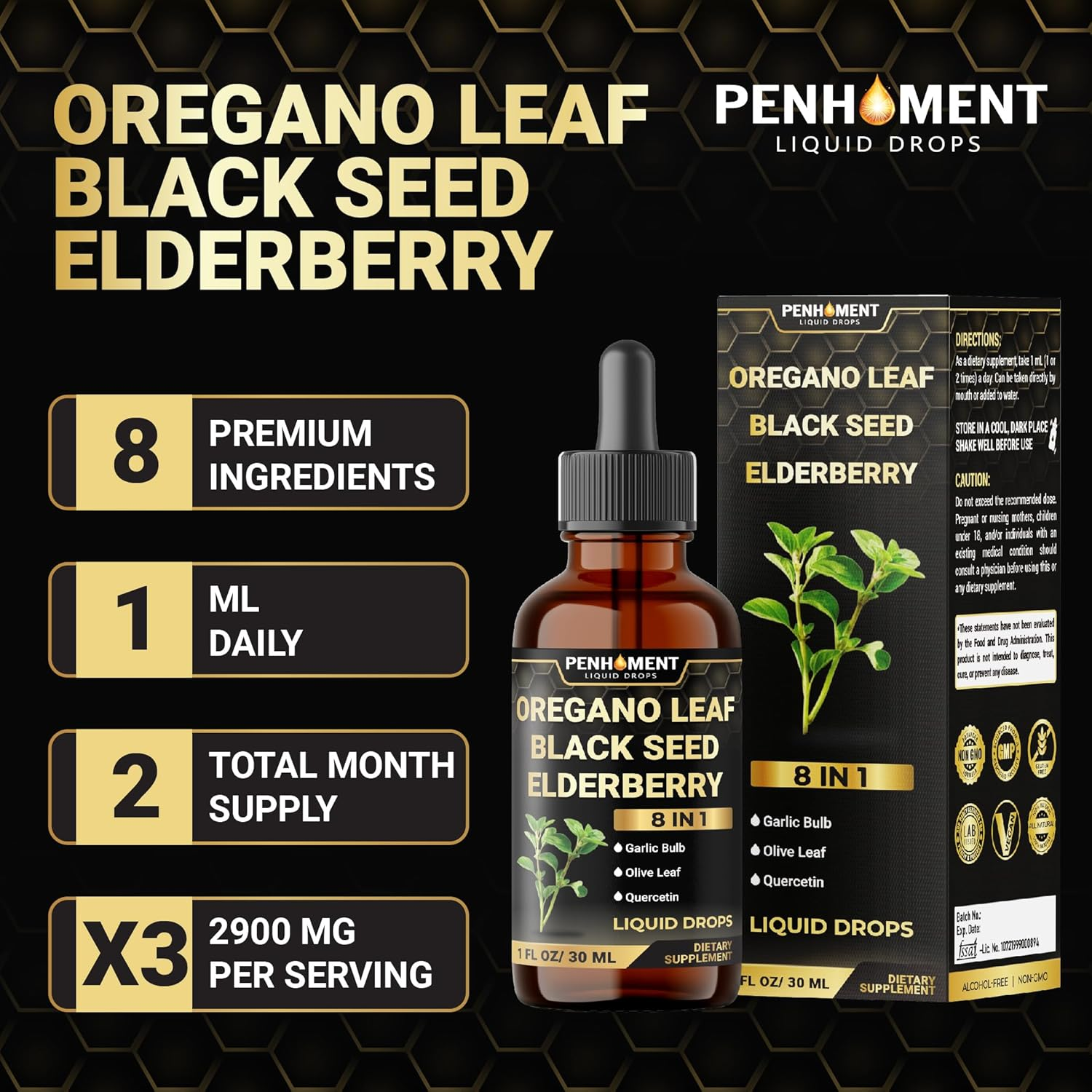 PENHOMENT 8In1 Oregano Oil Liquid Drops with Black Seed Oil, Garlic, Elderberry, Olive Leaf, Quercetin, Bromelain & Black Pepper - 2 Packs of 1 Fl Oz image number 4