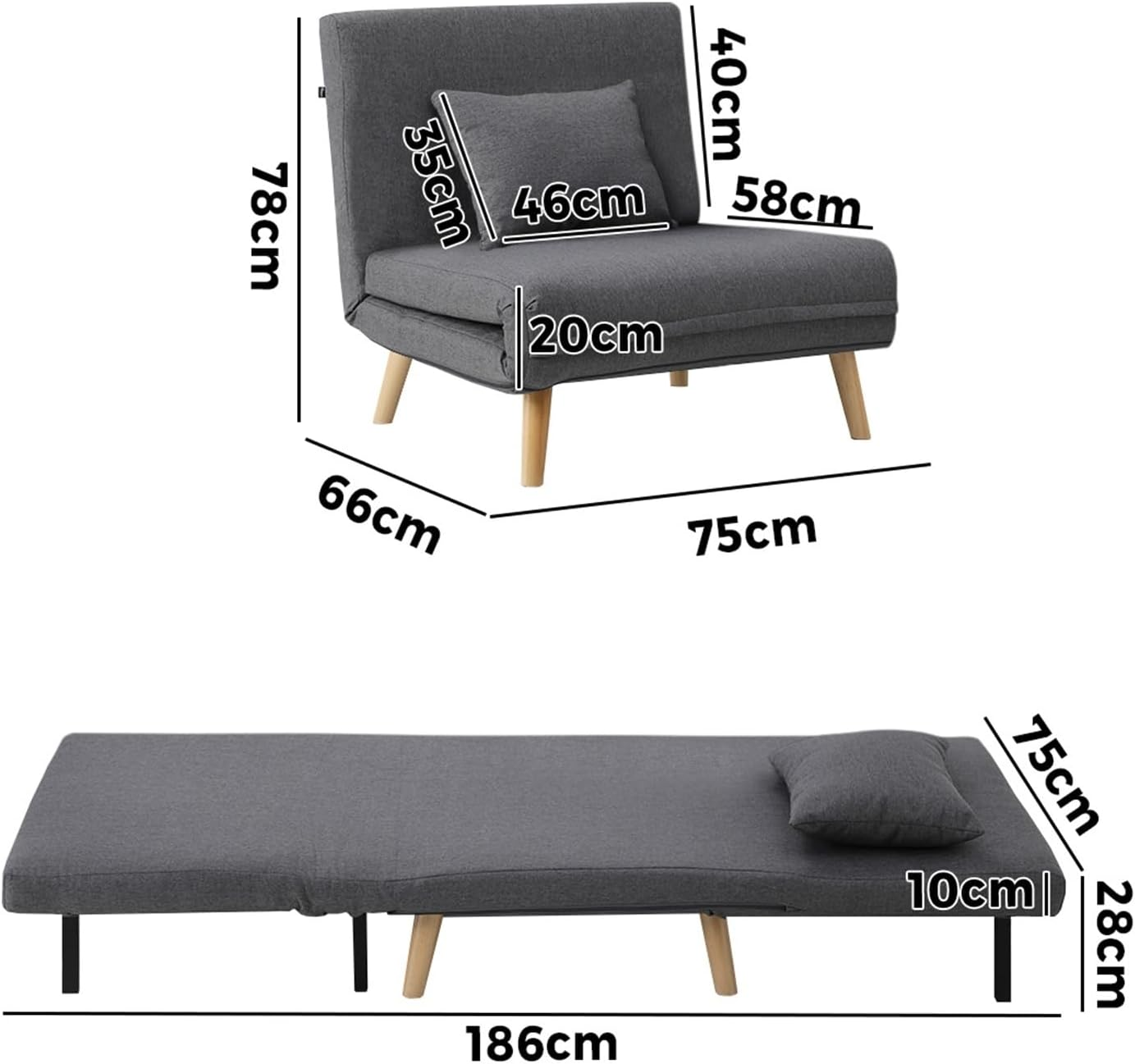 Oikiture Lounge Chair Folding Sofa Chair Recliner Couch with Cushion Grey image number 1