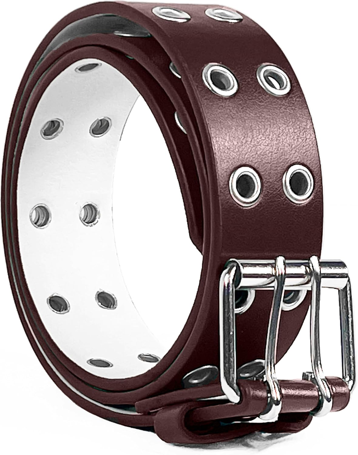 Double Grommet Leather Belt - PU Leather - Double Prong Belt Buckle - 2 Hole Grommet Belt for Women Men by Belle Donne