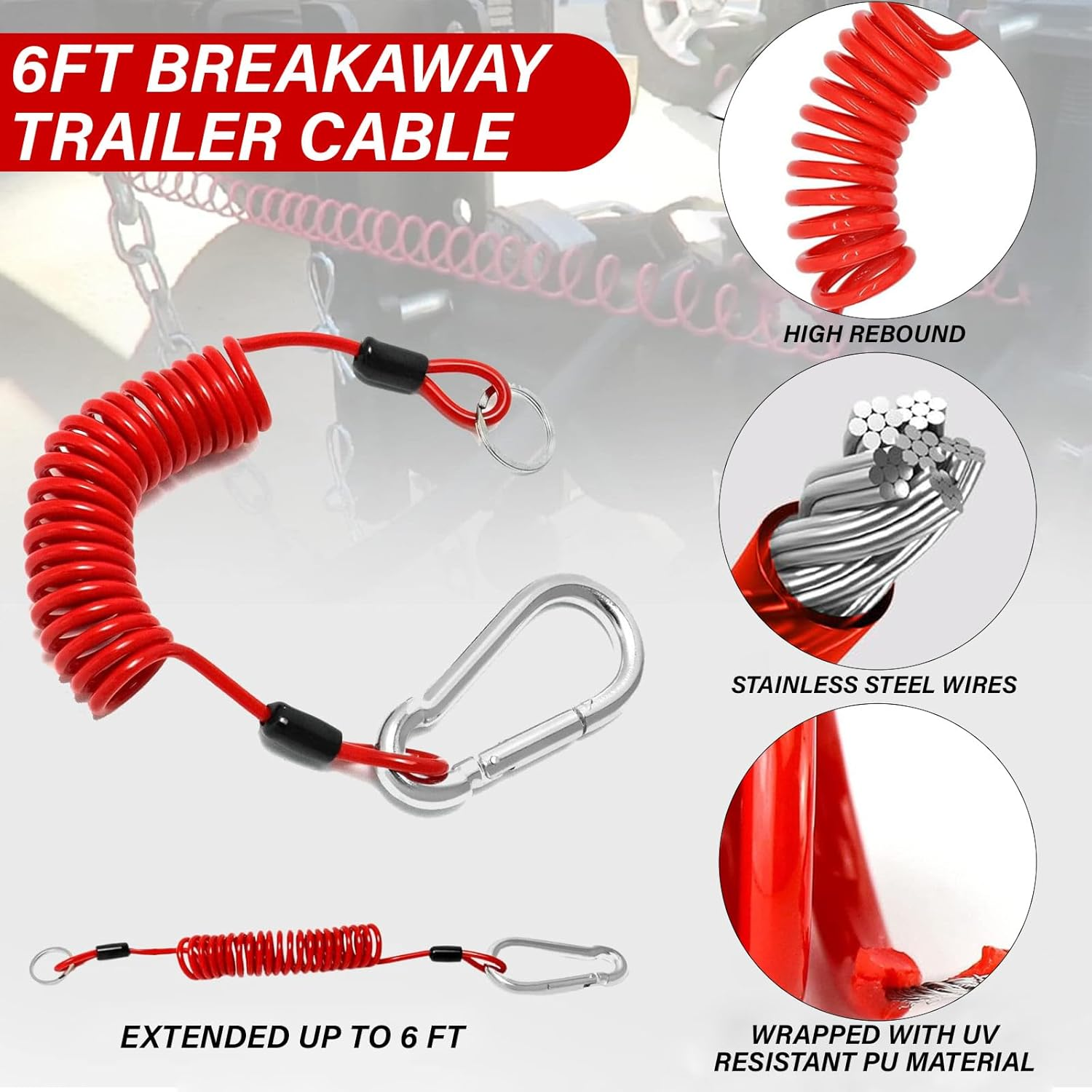 MAEZOE 6FT Trailer Brake Away Cable, Heavy Duty Steel Wire Coiled Safety Cables Strap for RV Towing Trailer - Trailer Breakaway Safety Cable Spring Towing Coiled Wire for Enhanced Durability image number 4