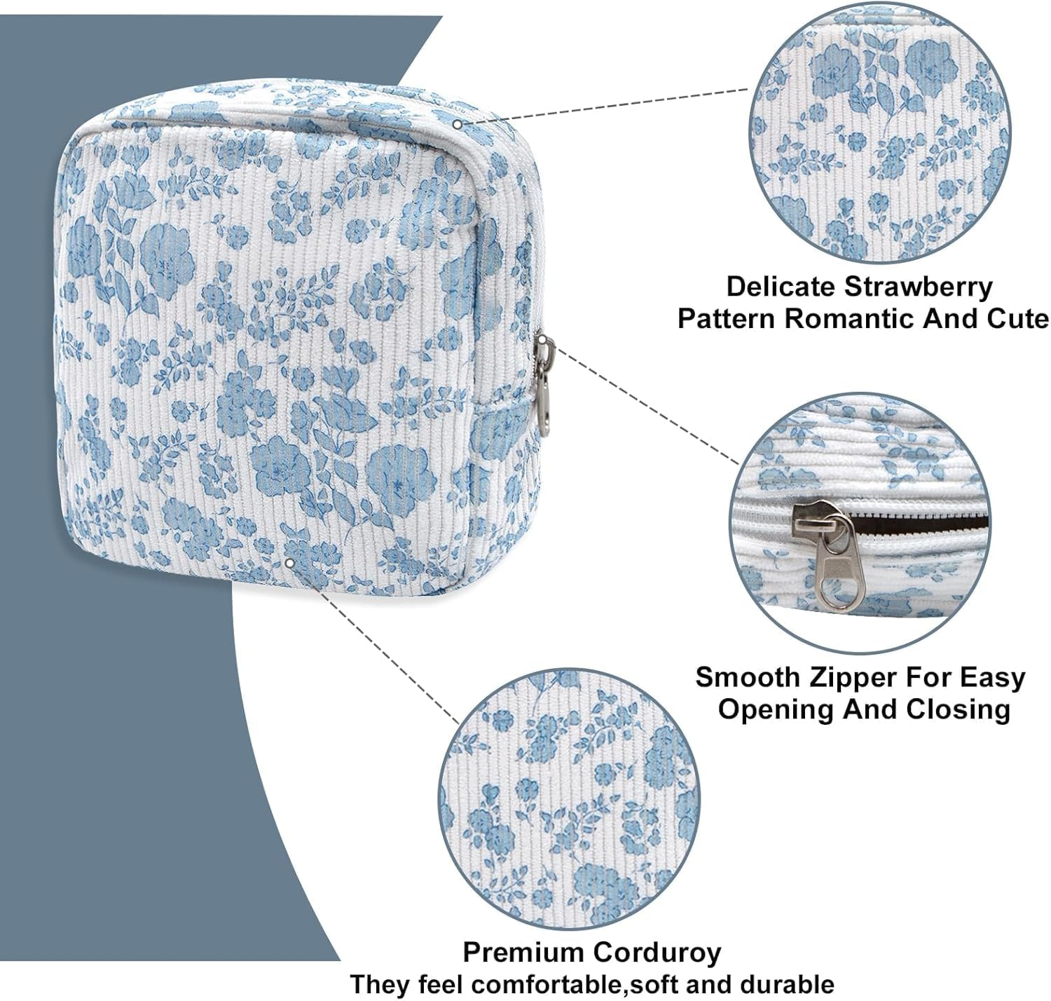 Travel Makeup Bag 2-Piece Set, Strawberry and Orchid Print Corduroy Cosmetic Pouches, Mini Toiletry Organizer with Compartments for Women image number 6