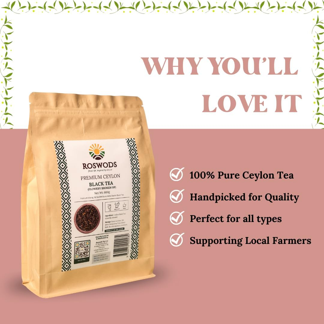 Ceylon FBOP Black Tea Loose Leaf &ndash; Medium-Strength, Premium Flowery Broken Orange Pekoe &ndash; Rich Aroma & Balanced Flavor &ndash; 600G Resealable Pack &ndash; Product of Sri Lanka image number 4