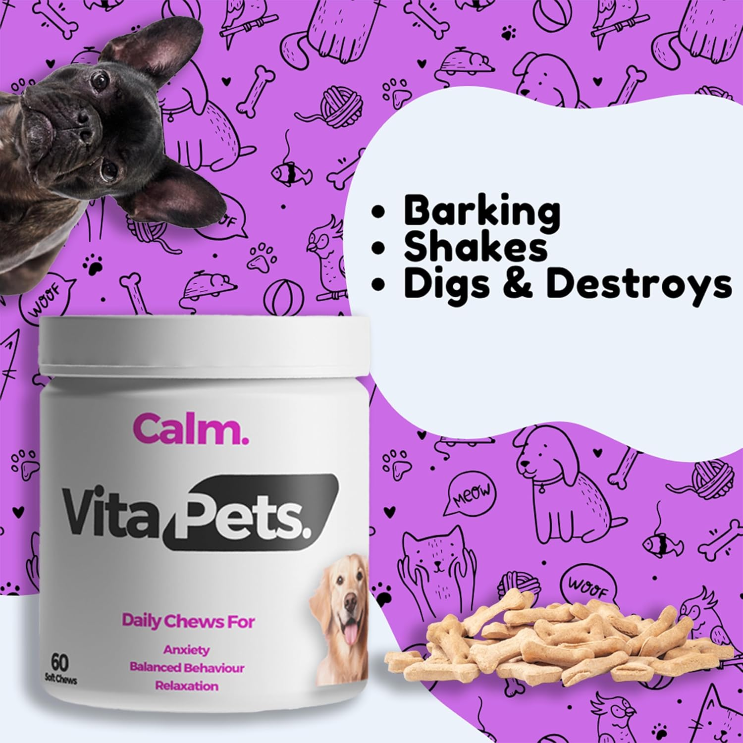 Vitapets - Calming Aid Dog Supplement - Helps Promote Relaxation, Reduce Stress, Storm Anxiety, Eases Aggression + Insomnia - 60 Soft Chews