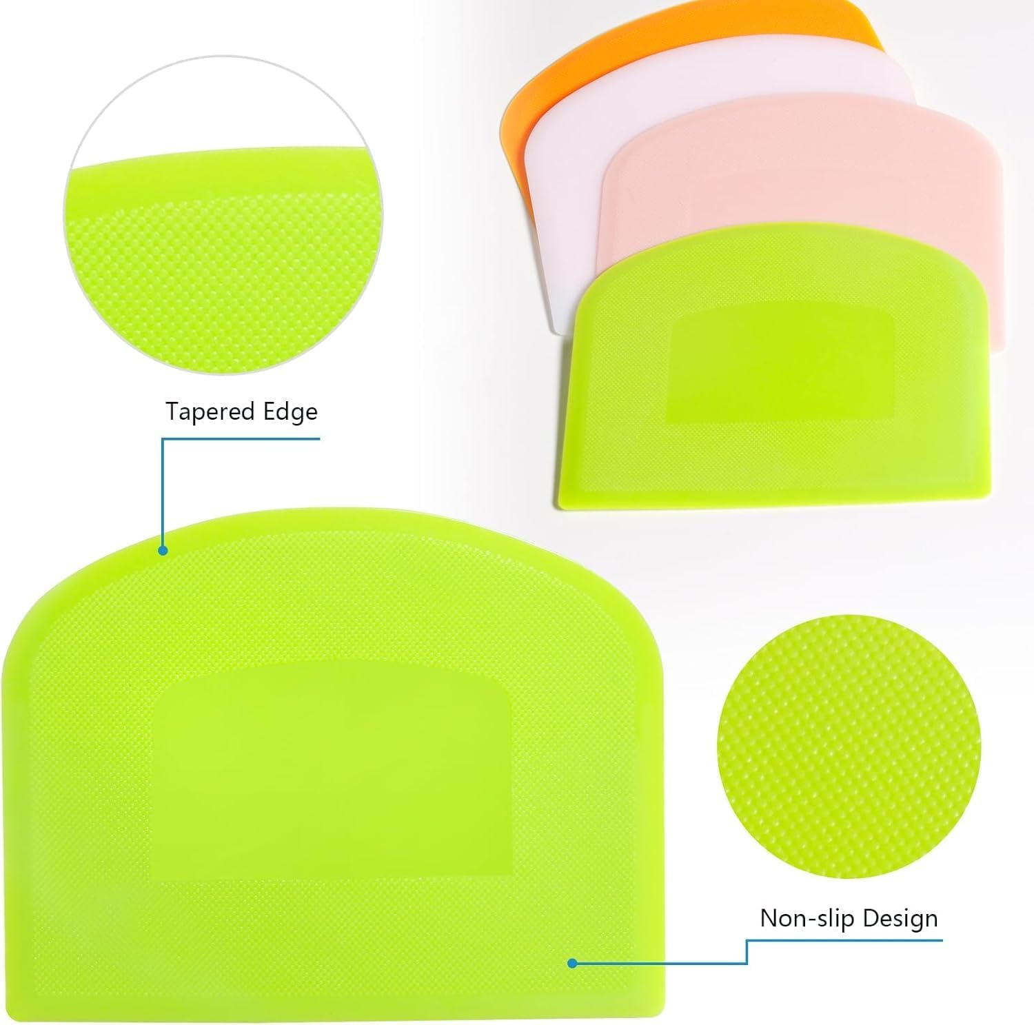 4 Pack Dough Scraper Bench Scraper for Baking, BPA Free PE Plastic Flexible Bowl Scraper, Food-Safe Plastic Dough Cutter for Bread Cake Dough Fondant Icing, White/Green/Orange/Pink image number 3