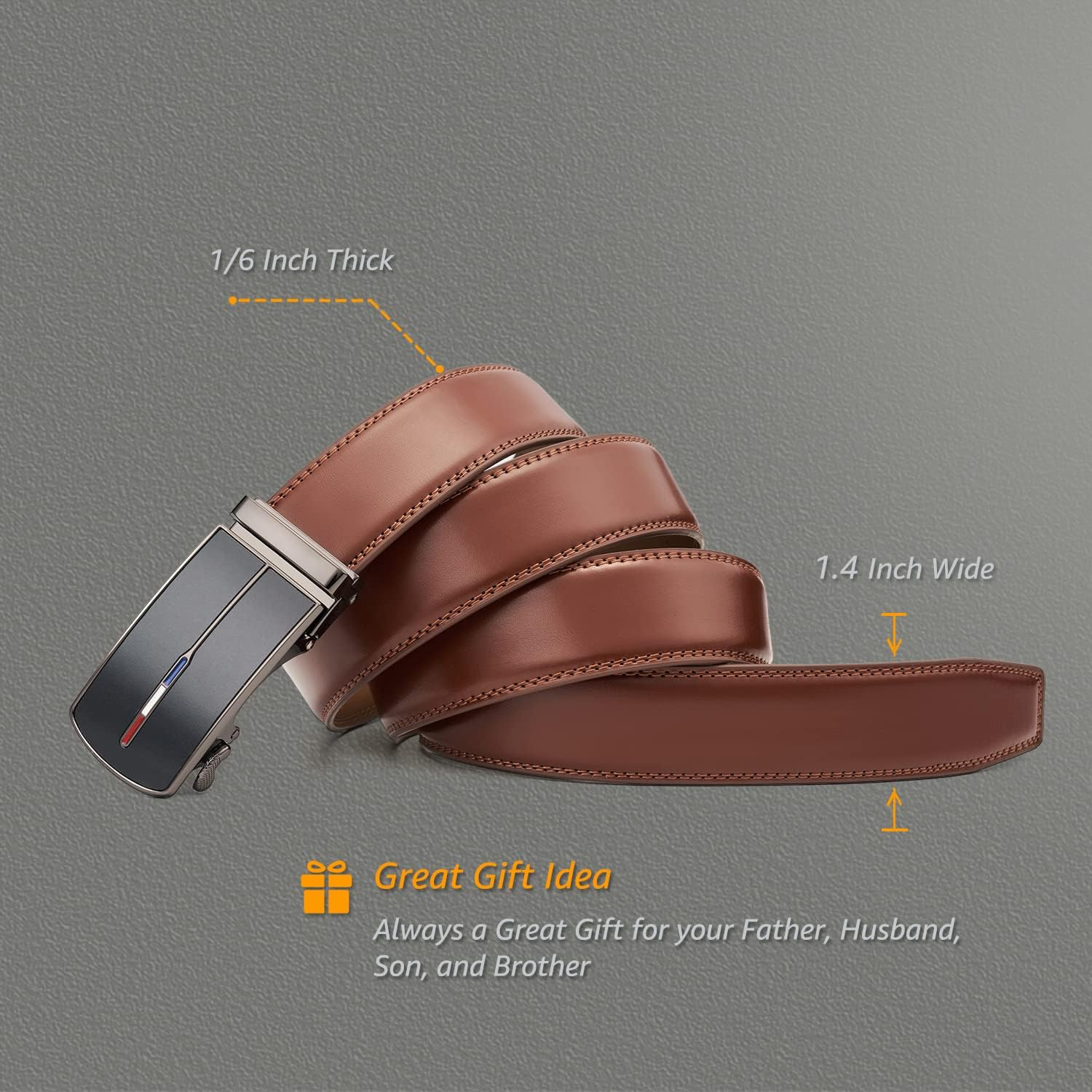 Hihawk Men'S Ratchet Belt with Slide Buckle, Genuine Leather Adjustable Click Belt, Trim to Fit, 26 Inch to 45 Inch image number 1