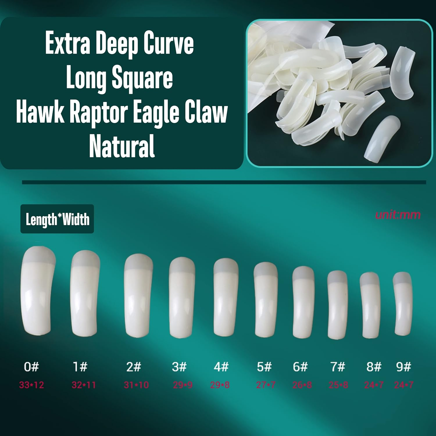 NOVO OVO Halloween 100 Pcs Hawk Curved Natural Color Extra Super Extreme Deep Curve Half Cover Long Square Eagle Claw False Nail Extension Tips Acrylic Nail 10 Sizes Box Packaging Art Salon DIY - Square Eagle Claw Natural Long In Small Box image number 5