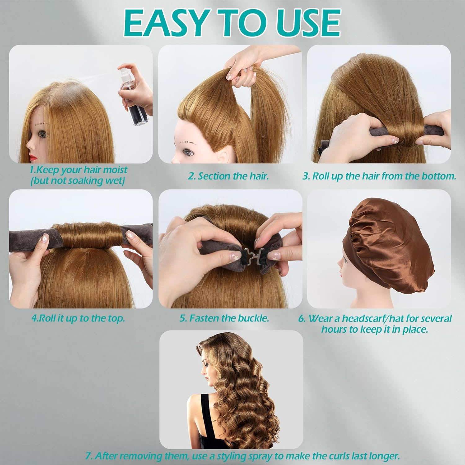 6PCS Heatless Hair Curlers, Geeric Satin Heatless Curling Hair Scarf+Shower Cap Set, High Resilience Sponge Soft Easy DIY Hairstyles Comfortable Hair Rollers for Overnight Curls Short/Longhair image number 6