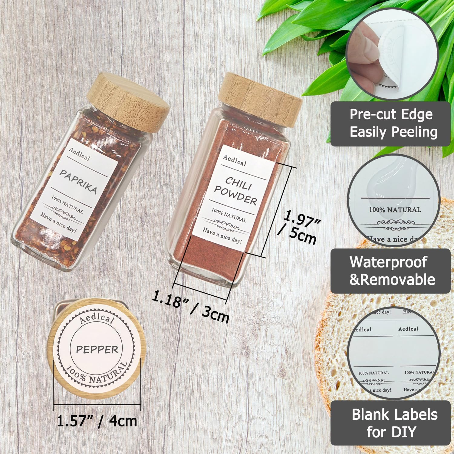 Aedlcal Glass Spice Jars, 6 Pack 4Oz Spice Containers with Bamboo Lids, Seasoning Containers for Kitchen Cabinet, Airtight Sealed Seasoning Storage Bottles with Labels, Shaker Lids, Brush, Funnel (12 Pack) image number 1