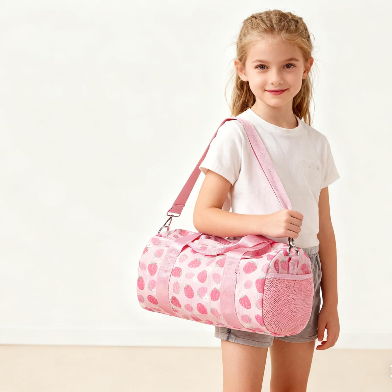 Ballet Bag for Girls, Strawberry Dance Bag with Plush Pendant Small Dance Bag Gymnastics Sport Bag Overnight Travel Sleepover Bags with Wet and Dry for Toddler Girls Age 4-6 image number 3