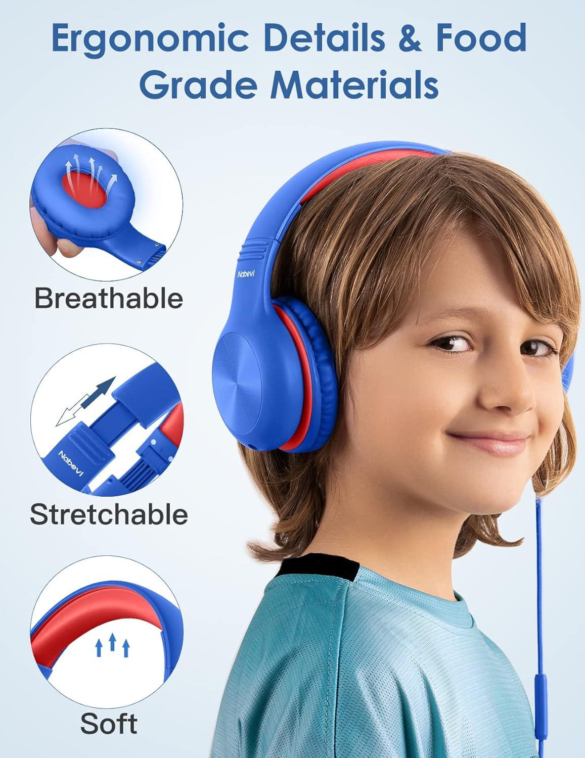 Headphones for Kids for School, Kids Headphones with Microphone, Sharing Function, 85Db/94Db Safe Volume Limit, HD Sound, over Ear Kids Headphones for School, On-Line Study, Travel [Glaze Blue] image number 5